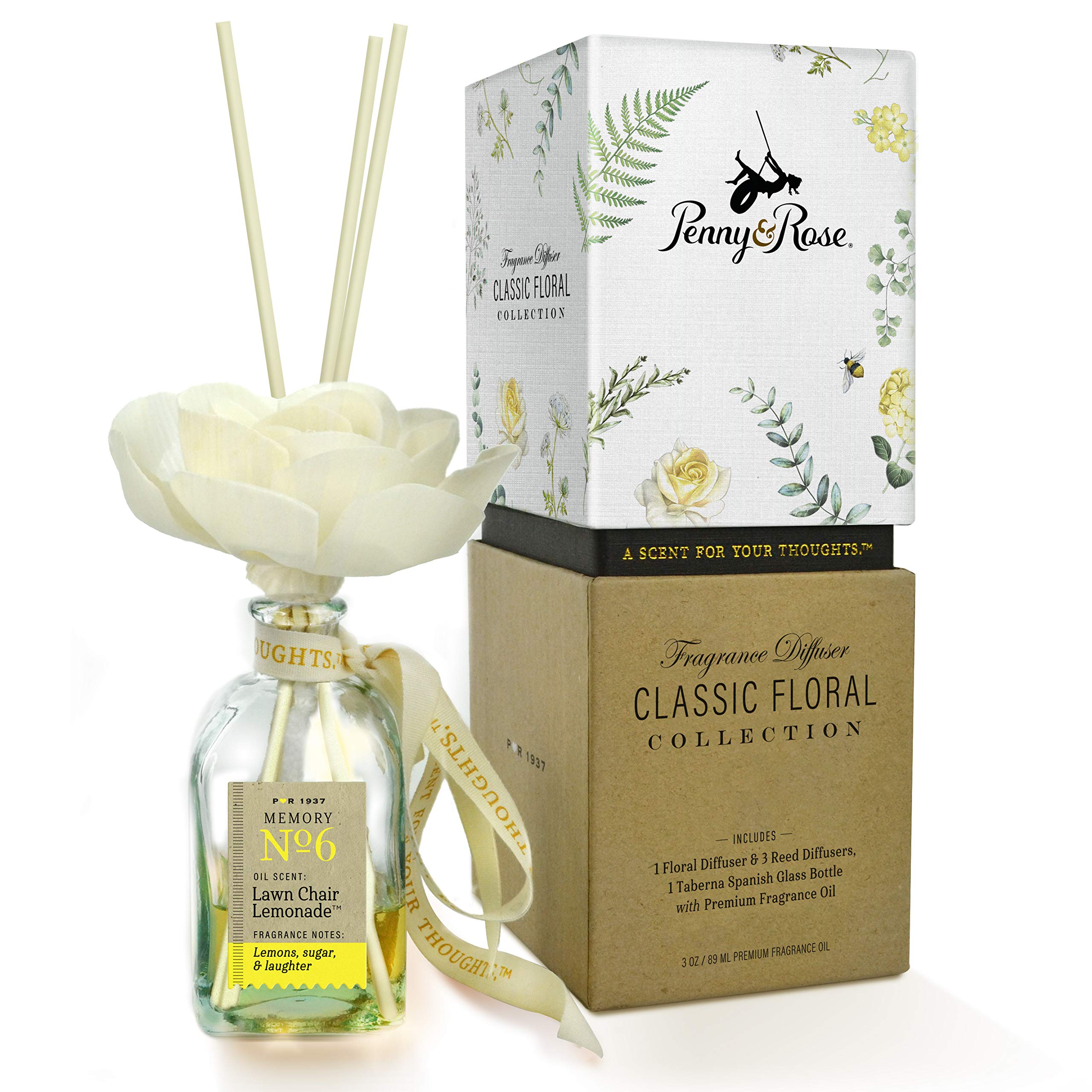 Penny & Rose Classic Floral Diffuser - Lawn Chair Lemonade Essential Oil Scent | Home Aromatherapy, Bedroom Decor & Gift Idea