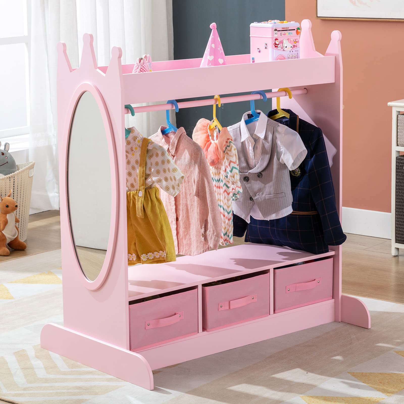 JOYLDIAS Kids Dress Up Storage Organizer with Mirror and 3 Drawers, Pink Playroom Wardrobe for Girls - Costume Closet with Side Pockets & Top Shelf | Perfect for Bedroom, Nursery & Pretend Play Areas