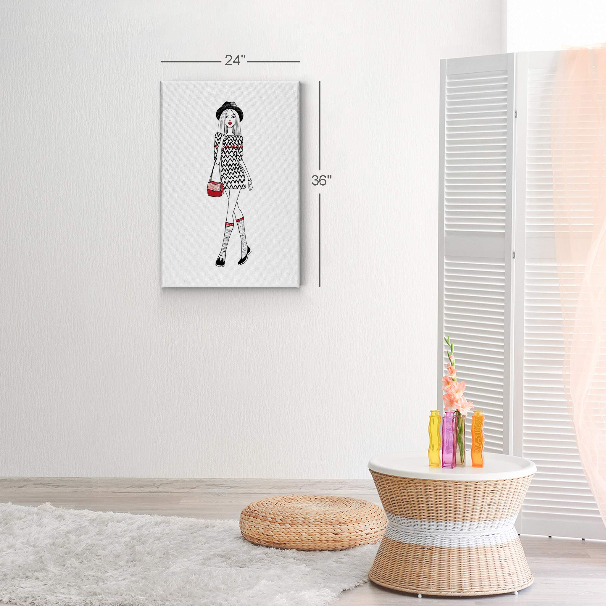 Glam Fashion Canvas Print - Beautiful Woman in Black Hat & Red Lips Wall Art | 40x30 Inch Ready to Hang | Perfect for Office, Bathroom, Teen Girl Room, Women's Dorm, Bedroom & Living Room Decor