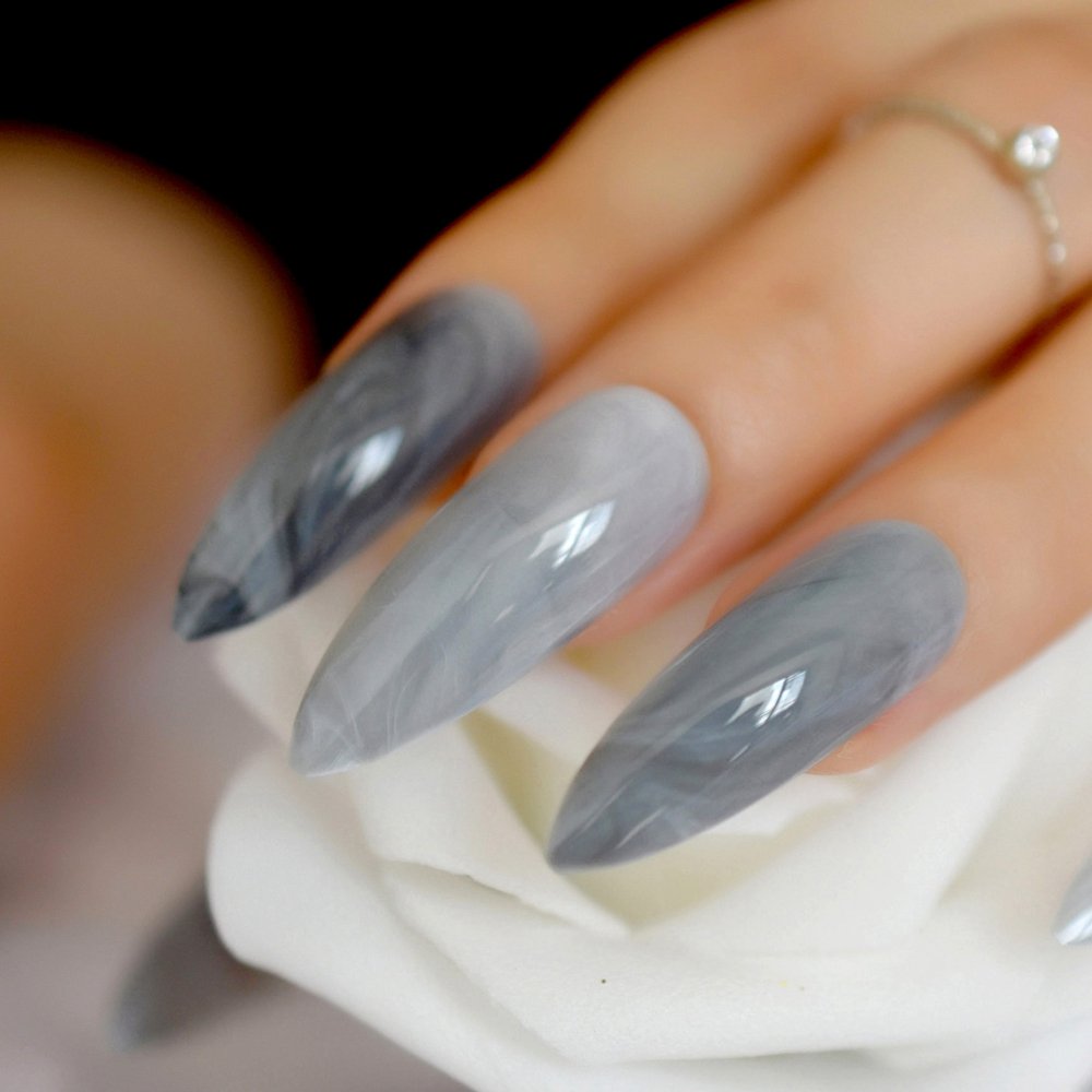 24 Count Extra Long Stiletto Press On Nails - Grey Marble Stone Pattern, Dark Shiny Pointed Fake Nails for Women | Perfect for Parties, Weddings & Special Occasions