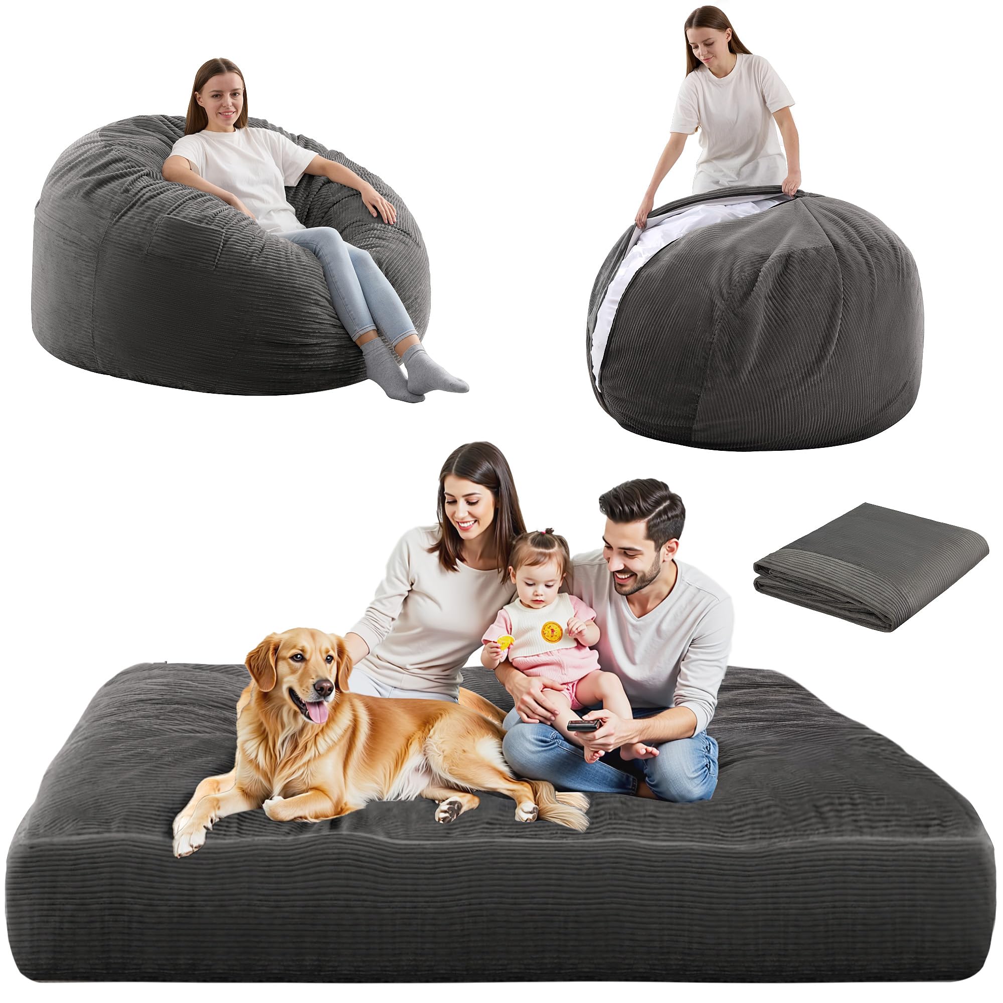 Ultra Soft HABUTWAY Giant Bean Bag Chair with Washable Corduroy Cover - Convertible from Chair to Mattress - Large Cordoroys Bean Bags for Adults, Couples & Family - Perfect for Living Rooms, Game Rooms & Dorm Lounges (Grey Full)