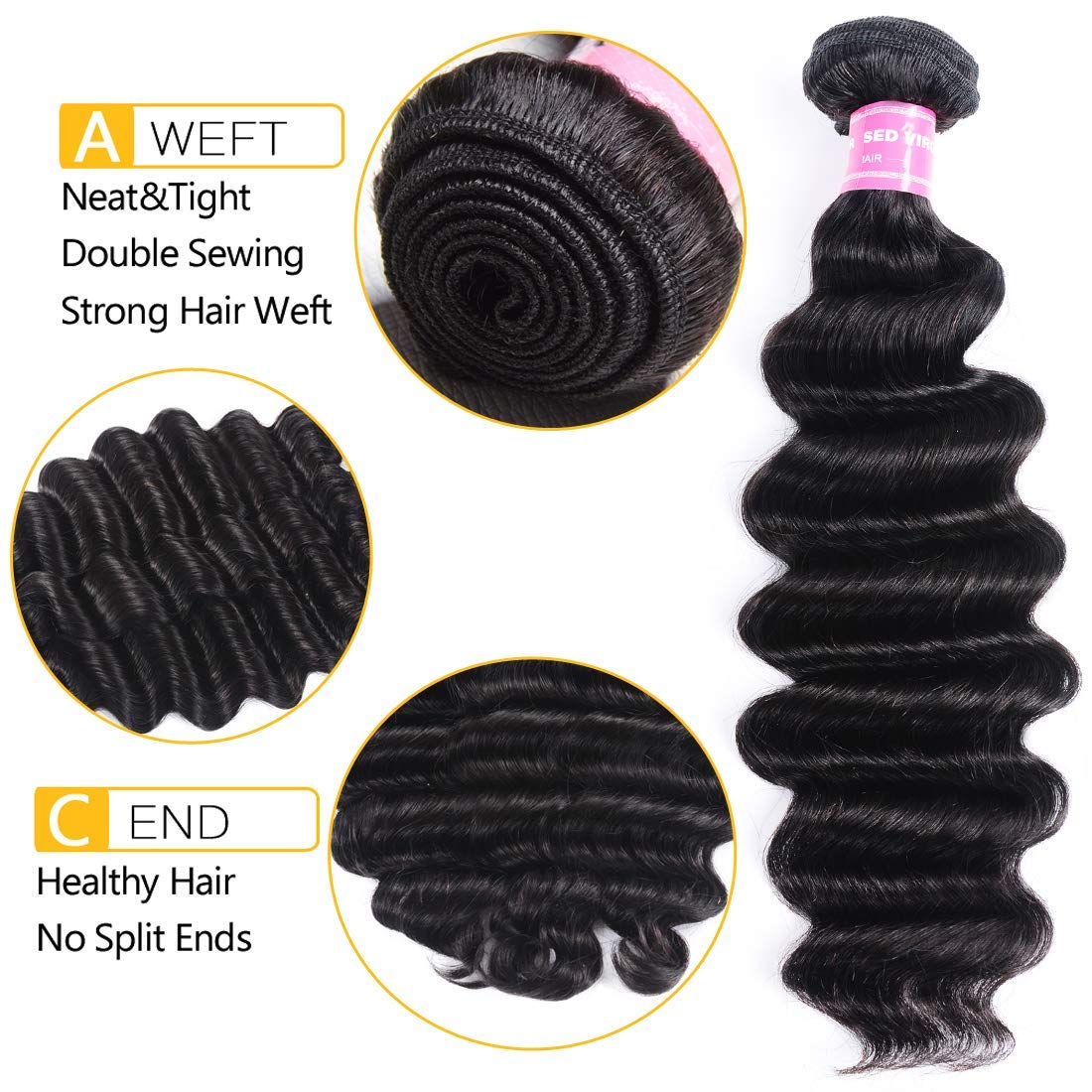 UNice Hair 10A Brazilian Loose Deep Wave Human Hair Extensions - 100% Virgin Unprocessed Wefted Hair 3 Bundles (12 14 16 Inch) - Natural Black Color for Stunning Hairstyles - Perfect for Daily Wear, Parties & Special Occasions