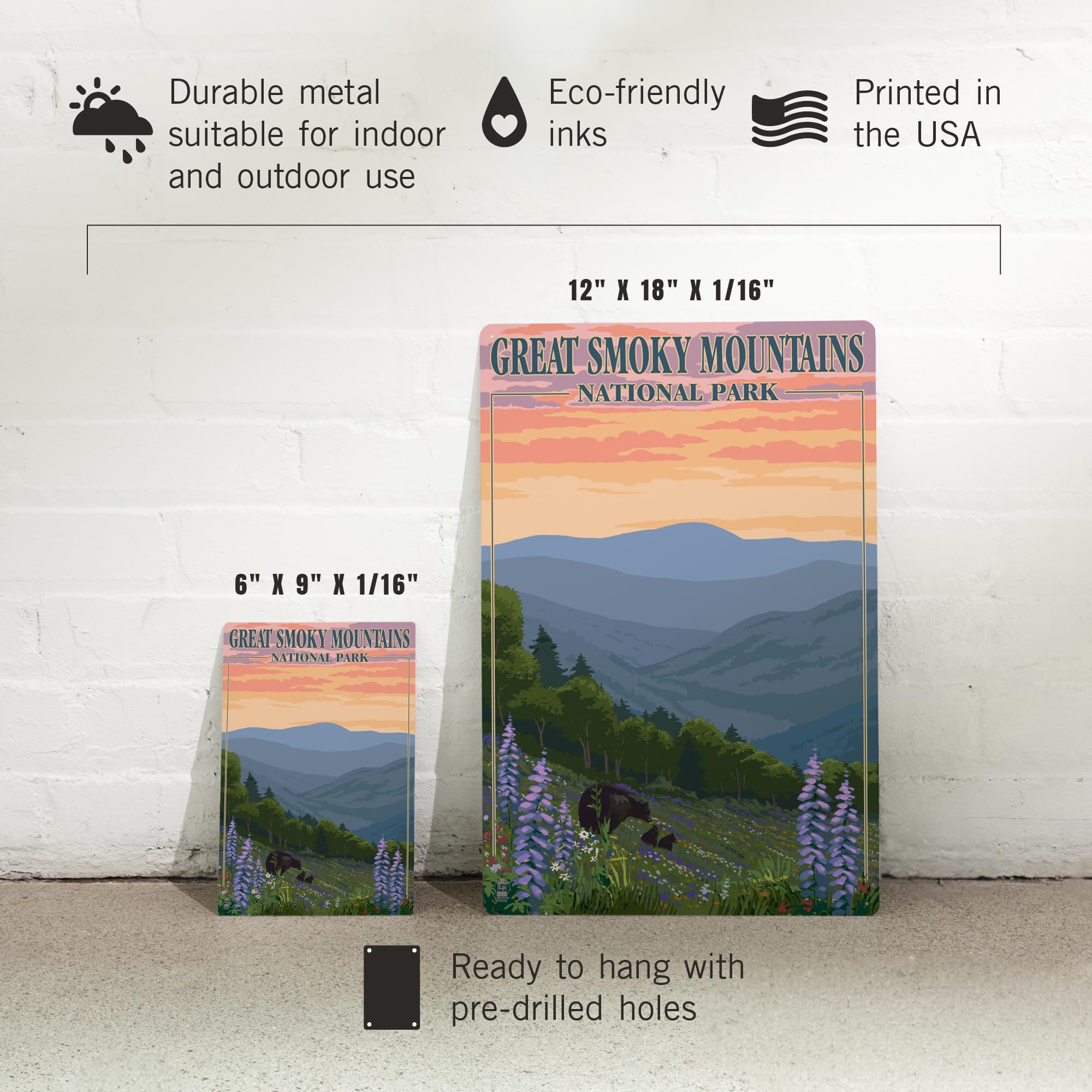 Lantern Press 6x9 Inch Metal Sign - Great Smoky Mountains National Park Tennessee Bear & Spring Flowers - Rustic Wall Decor for Cabin, Home Office, or Outdoor Patio