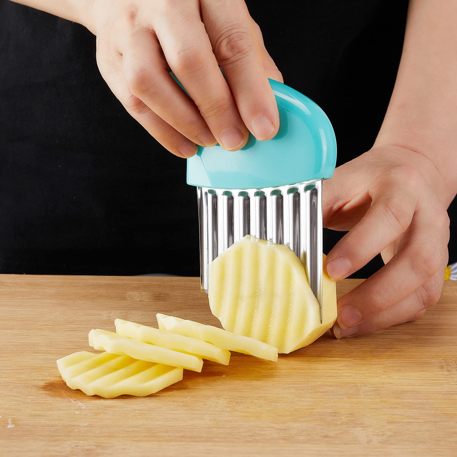 Stainless Steel Crinkle Cutter - Wavy Vegetable Chopper for Potatoes, Carrots, Lettuce | 2-Piece Set (Green & Blue) | Perfect for Making Waffle Fries, Salad Garnish & Meal Prep