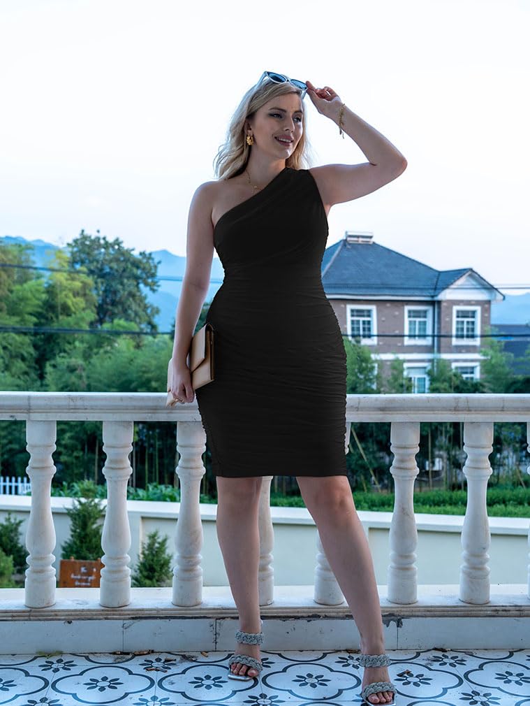 LAGSHIAN Women's Plus Size Bodycon Dress - Sexy One Shoulder Sleeveless Ruched Midi Dress for Party, Night Out, Club & Special Occasions