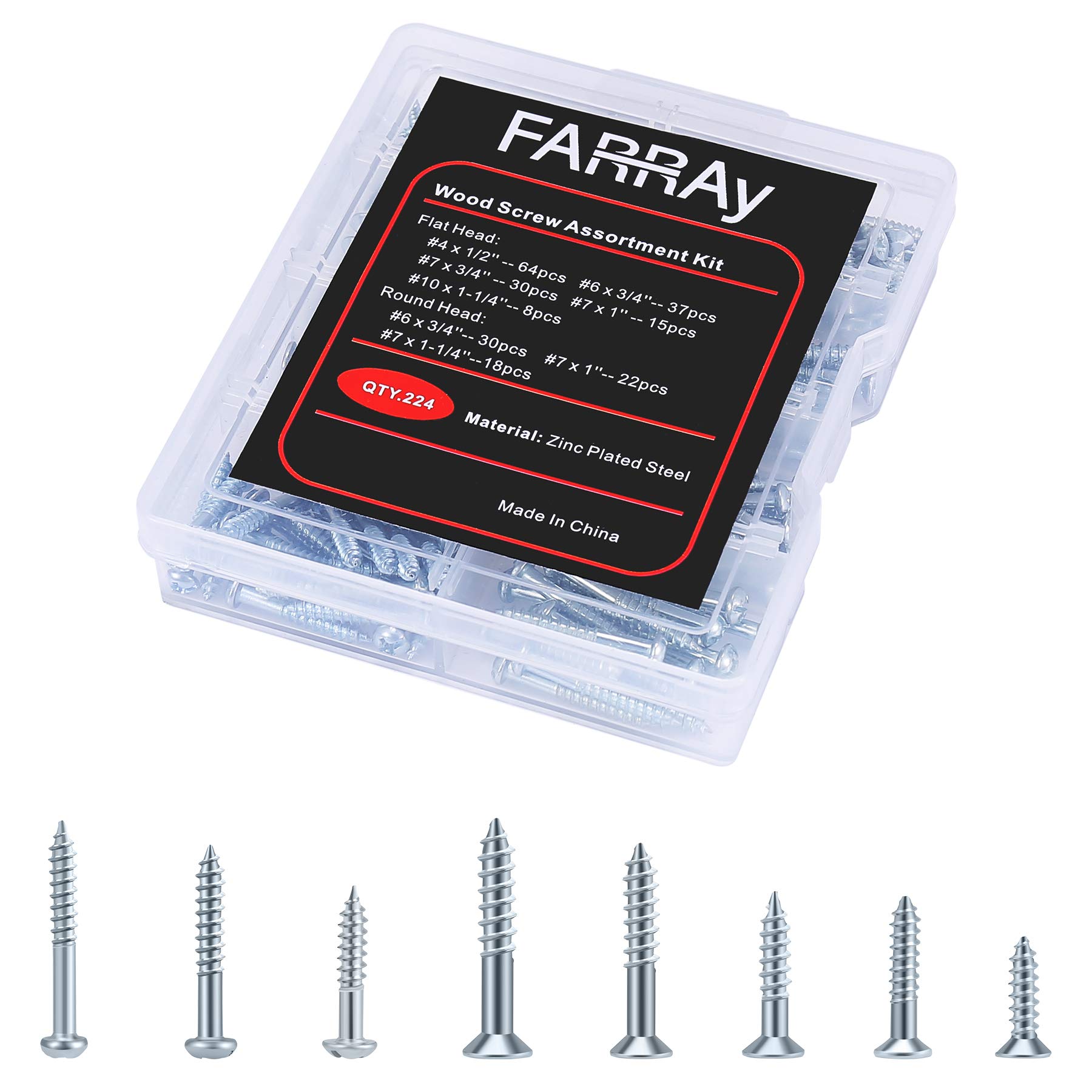 FARRAY 224pcs Galvanized Phillips Wood Screws Assortment Kit - Durable Assorted Screw Set for DIY Projects, Furniture Repair & Woodworking