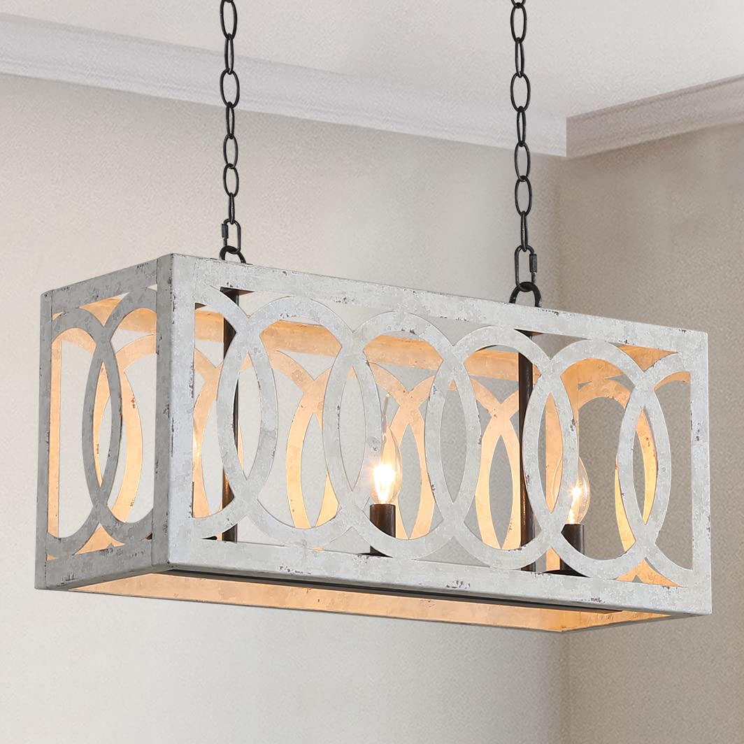 PHILOMENA 3-Light Modern Farmhouse Chandelier - Distressed White Rectangular Metal Pendant Lighting for Kitchen Island & Dining Room - Rustic French Country Ceiling Hanging Lamp - Perfect for Farmhouse, Cottage & Vintage Style Home Decor
