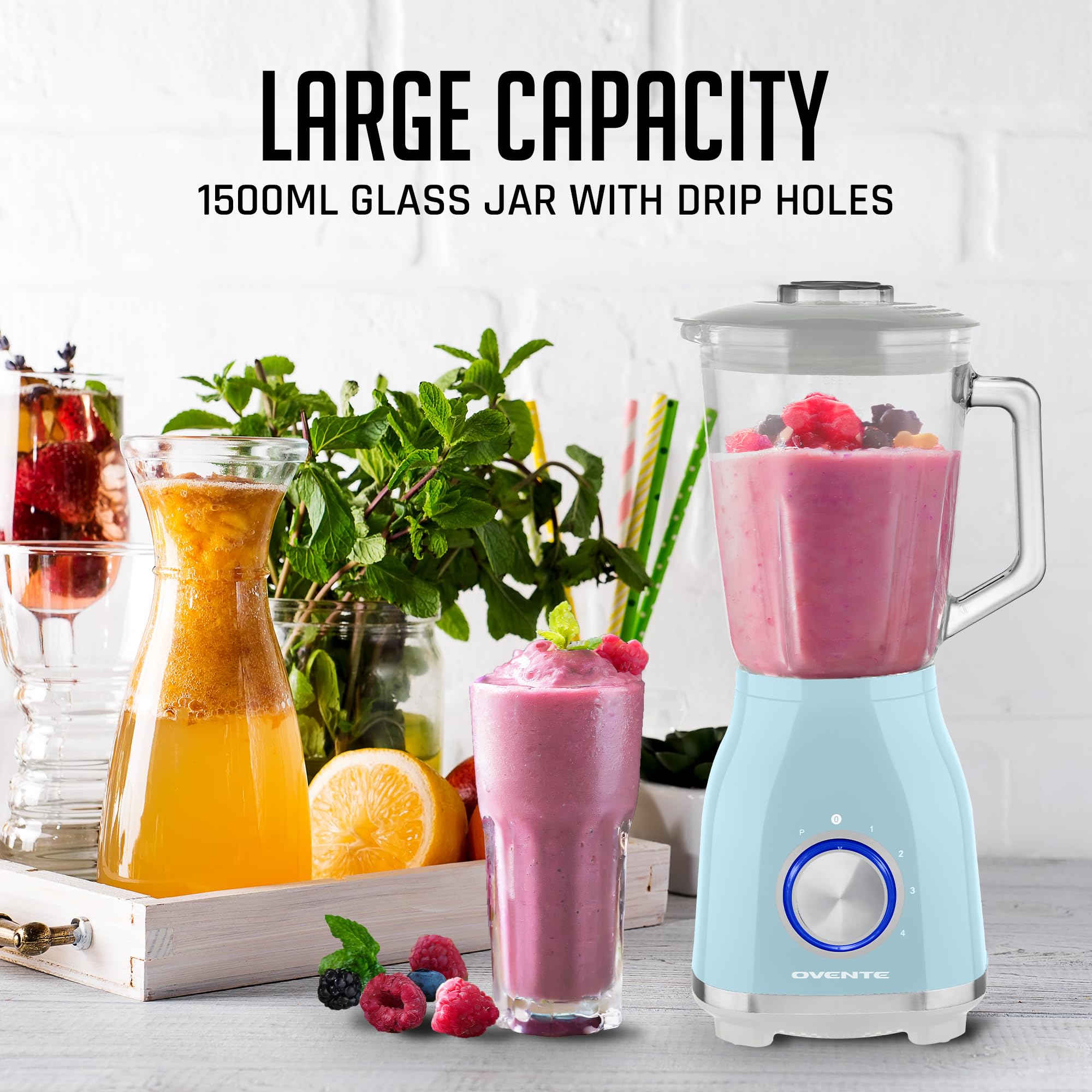 OVENTE 550W Countertop Blender for Shakes, Smoothies & Frozen Drinks - 50oz Glass Jar, 4-Speed Settings, Stainless Steel 6 Blades - Perfect for Fruit Puree, Protein Shakes & Healthy Smoothies at Home or Gym