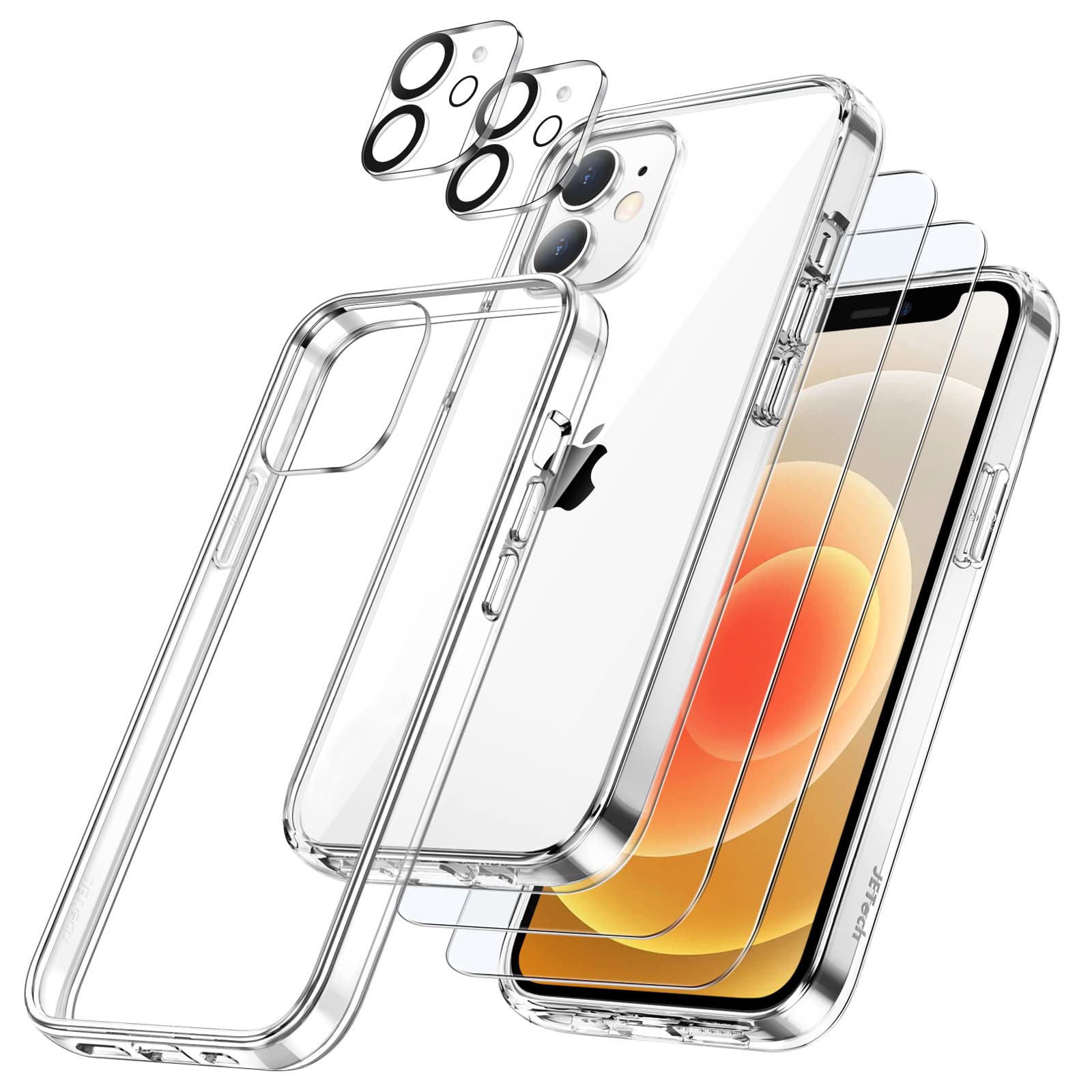 JETech 5-in-1 Protective Case for iPhone 12 Mini 5.4-Inch - Clear Shockproof Phone Cover with 2-Pack Tempered Glass Screen Protectors & 2-Pack Camera Lens Protectors | Non-Yellowing Full Coverage Design for Everyday Use, Travel & Outdoor Activities