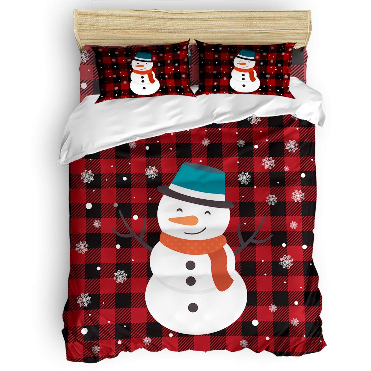 Premium 4-Piece Twin Size Bedding Set - Christmas Snowman Duvet Cover, Comforter, Sheet & Pillow Shams - Cozy Holiday Decor for Kids, Teens & Adults - Black Red Buffalo Check Plaid - Perfect for Winter Bedrooms, Dorm Rooms & Guest Rooms