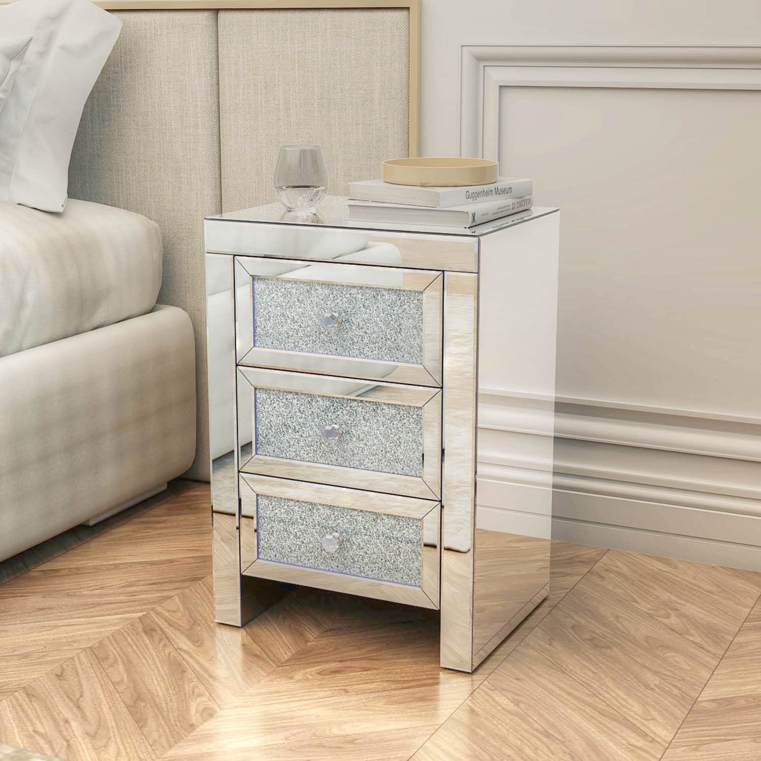 DEINPPA Mirrored Vanity Desk Set with Crystal Diamond Accents - 2 Drawer Makeup Dressing Table for Women & Girls | Perfect for Bedroom, Living Room or Home Office Beauty Station