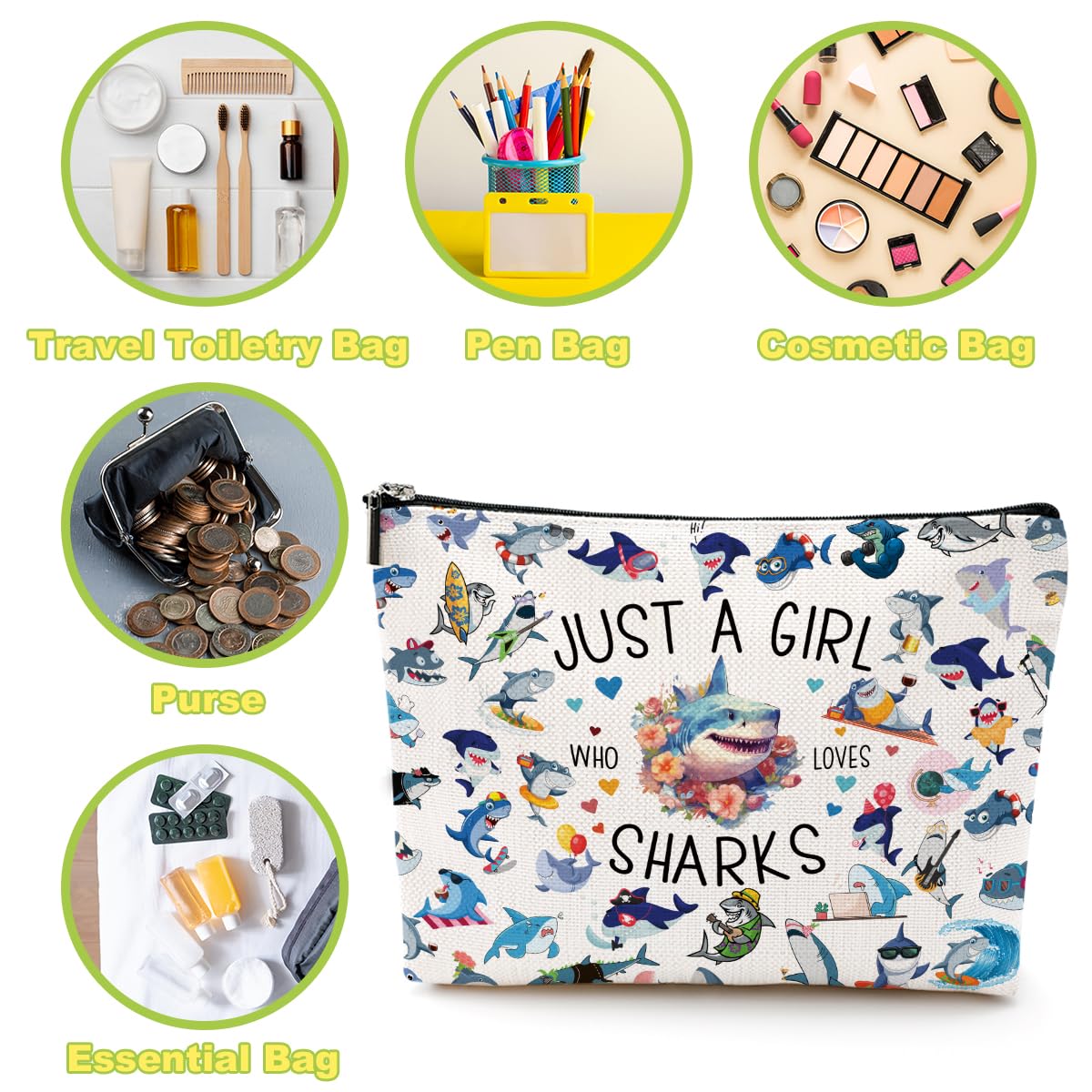 **Shark-Themed Cosmetic Bag - Funny Shark Gifts for Women, Teens, Sisters & Shark Lovers - Perfect for Nurses, Graduation, Christmas, Birthday & Friendship Gifts - Great for Travel, Makeup Storage & Daily Use**