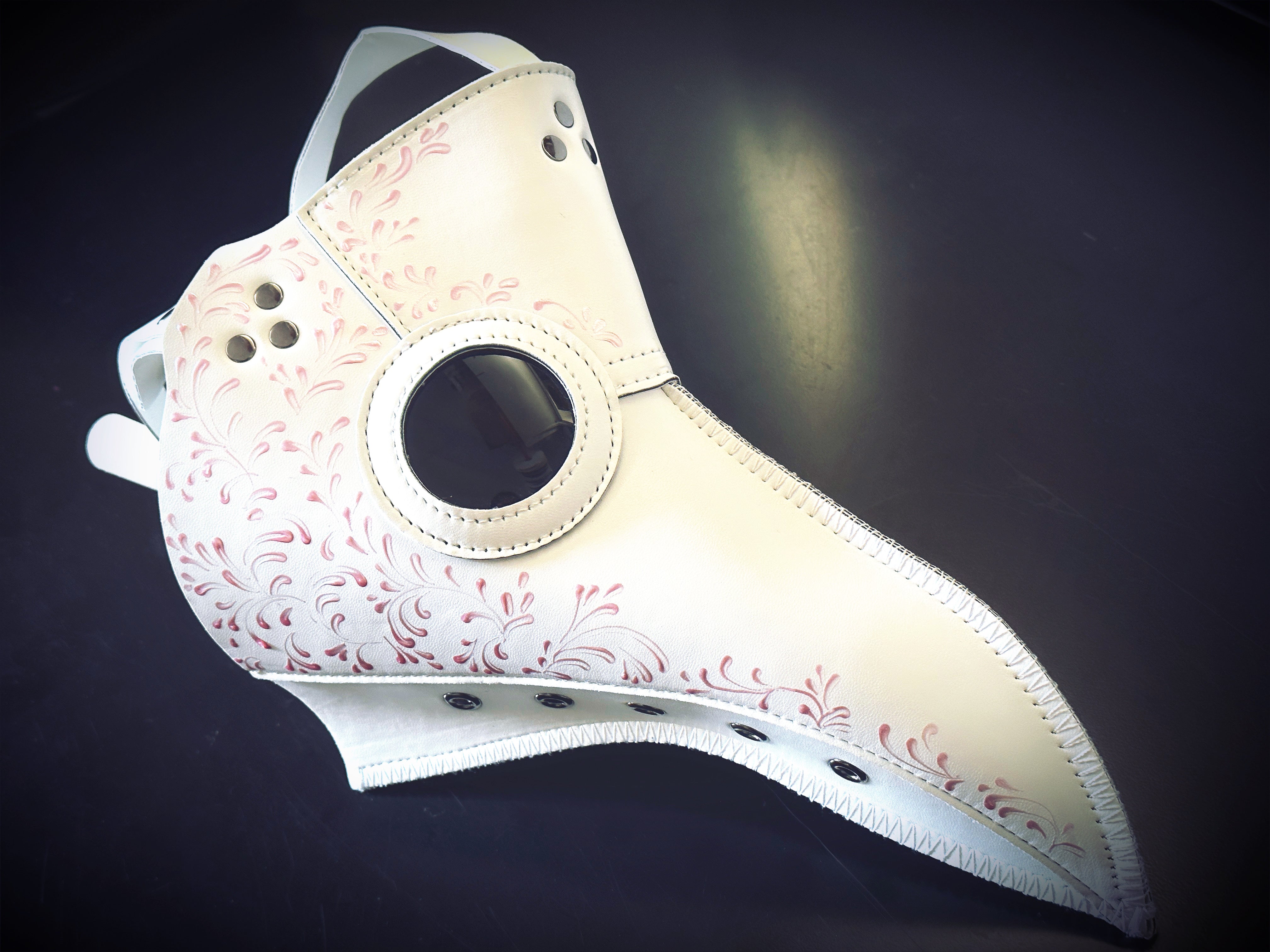 Vegan Leather Plague Mask - White & Pink - Stylish Protective Face Covering for Cosplay, Halloween, and Steampunk Events