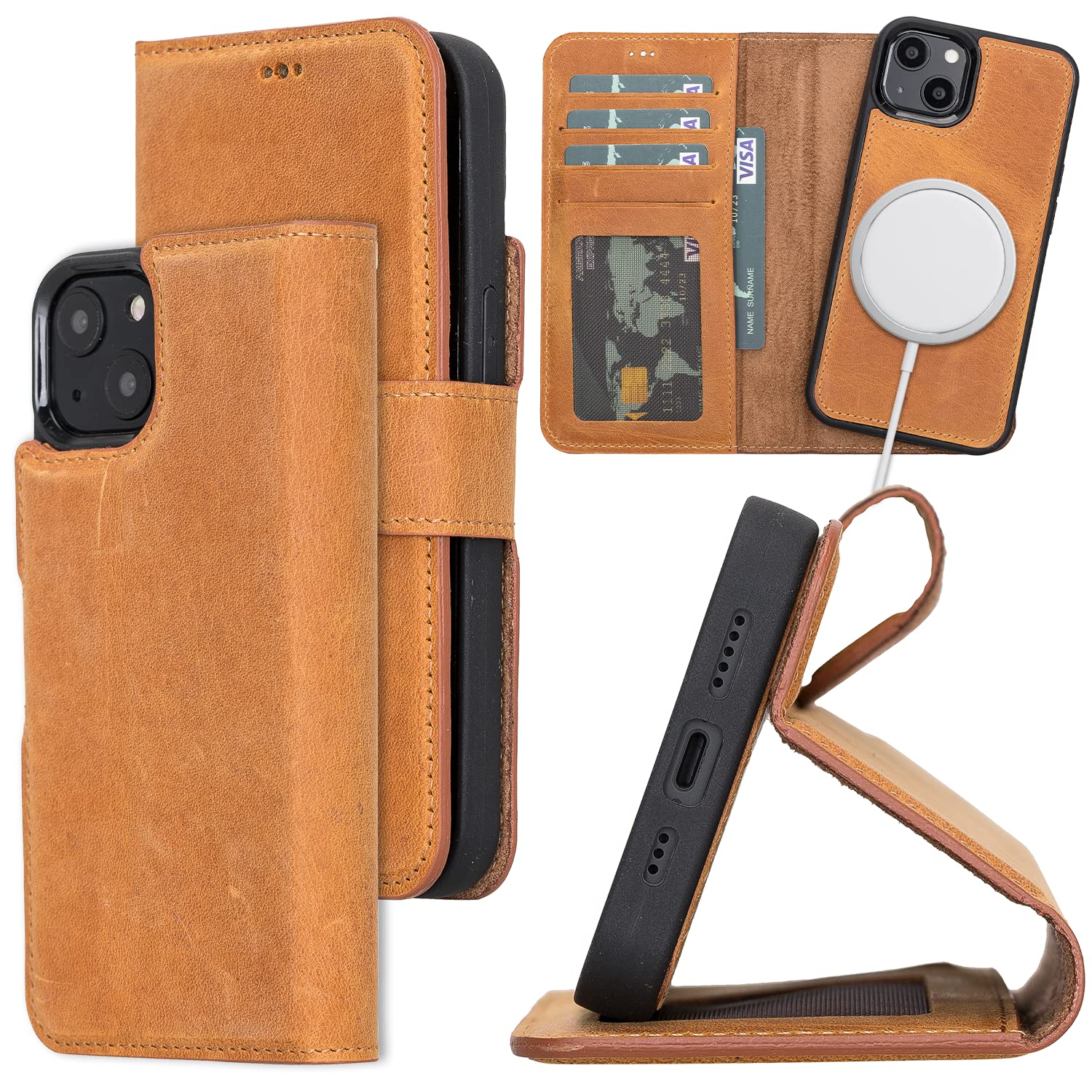 Bayelon Premium Full Grain Leather iPhone 13 Case with Detachable Magnetic Wallet - 2-in-1 Flip Cover with Card Slots & Kickstand | MagSafe Compatible (Antique Camel) for Work, Travel & Everyday Protection