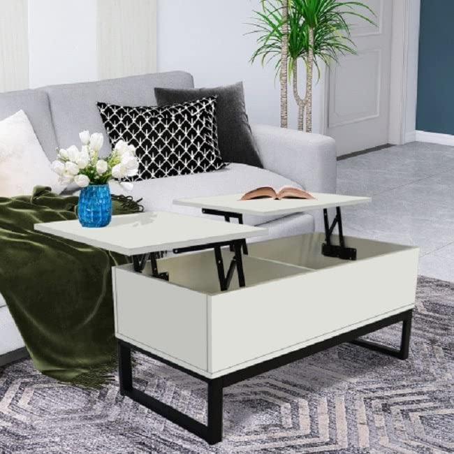 Modern White Lift-Top Coffee Table with Steel Legs & Hidden Storage – Adjustable Shelves, Spacious Design for Living Room, Office, or Dorm – Contemporary Glossy Wood Finish