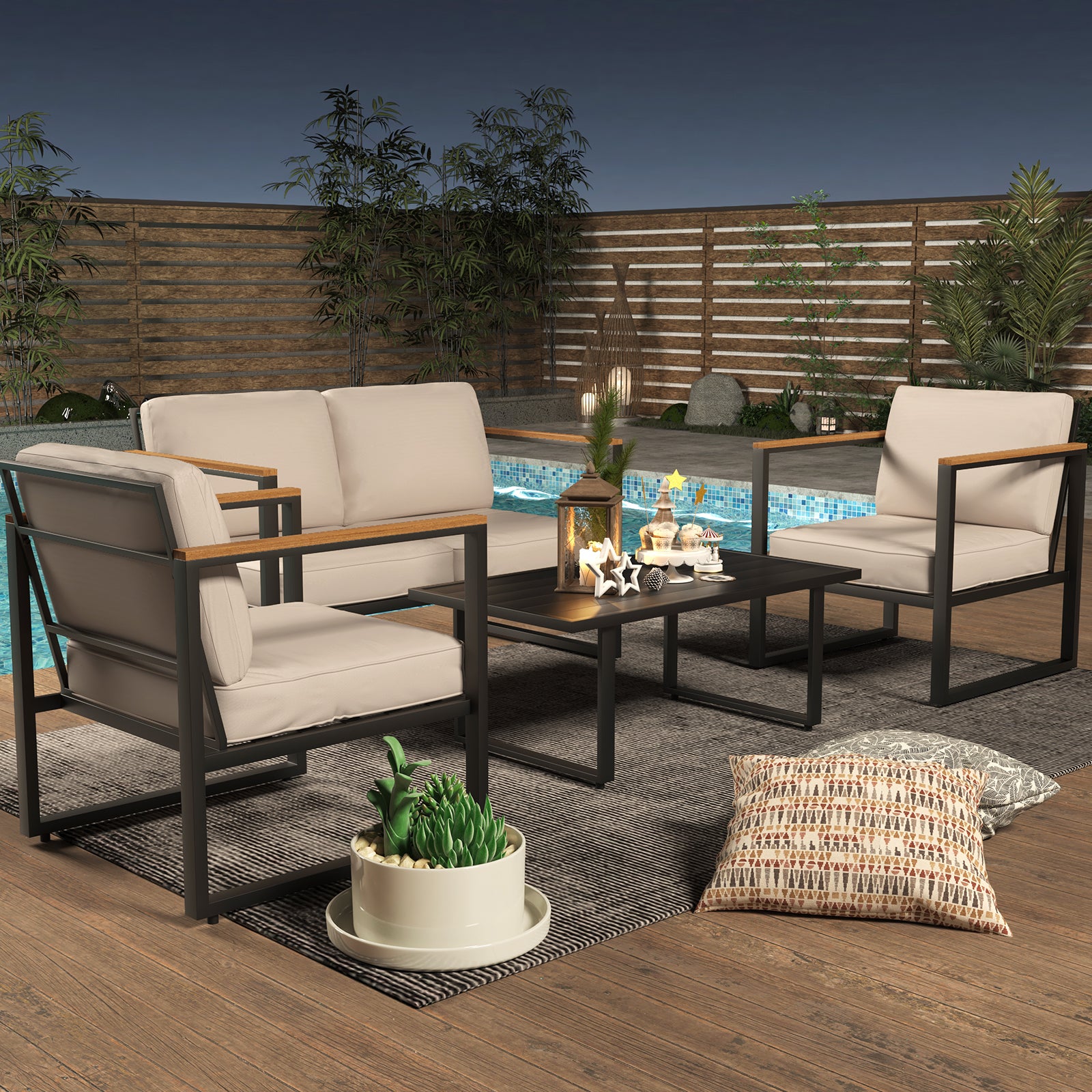 GARVEE 4-Piece Outdoor Patio Furniture Set - All-Weather Metal Conversation Set with Loveseat, 2 Chairs & Coffee Table - Thick Cushioned Seating for Porch, Deck, Garden, Balcony, Bistro (Black & Beige) - Perfect for Backyard Relaxation, Outdoor Entertaining & Coffee Mornings
