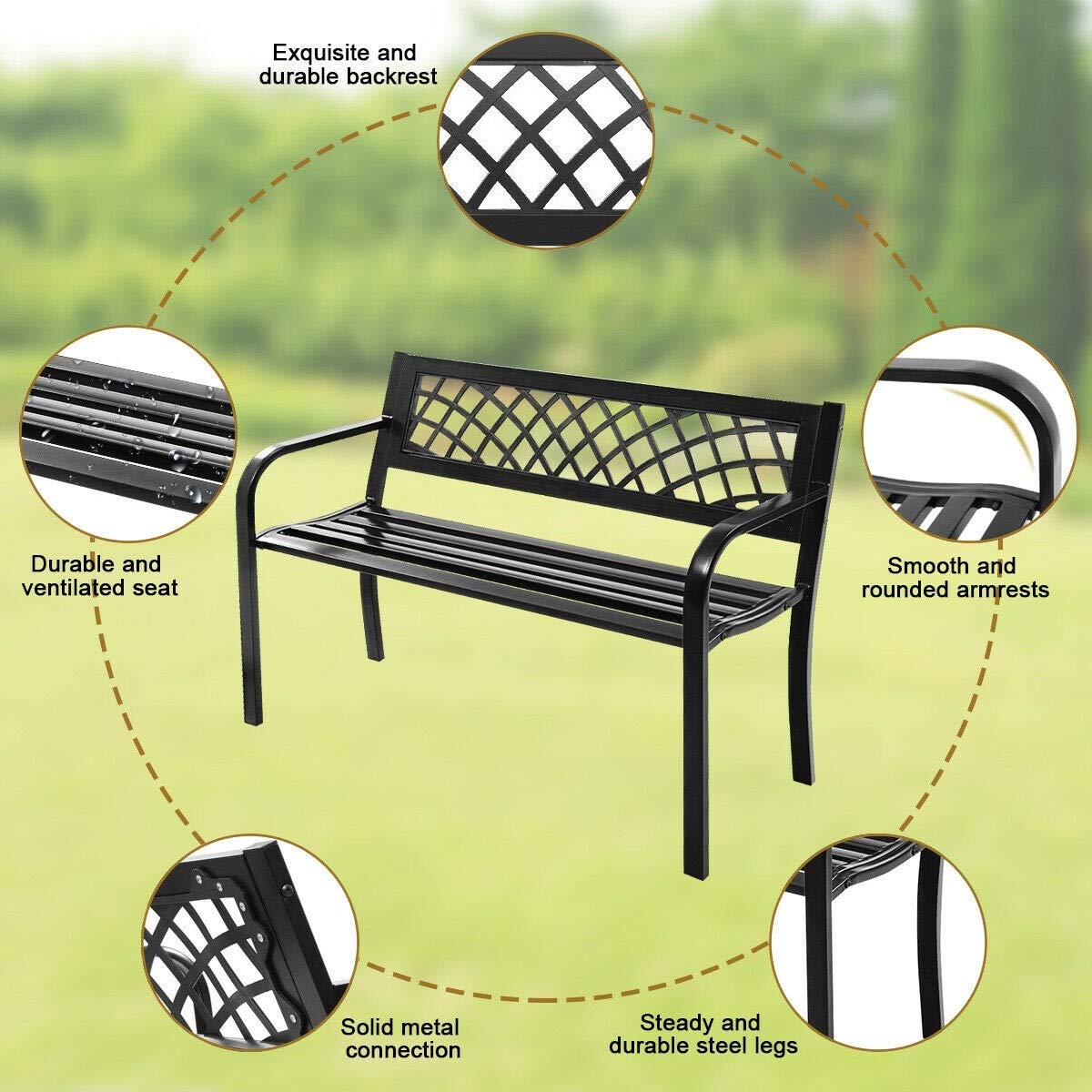 Sturdy Steel Frame Patio Garden Bench - Outdoor Deck & Front Porch Metal Bench - Wrought Iron Patio Furniture for Gardens, Decks & Outdoor Spaces