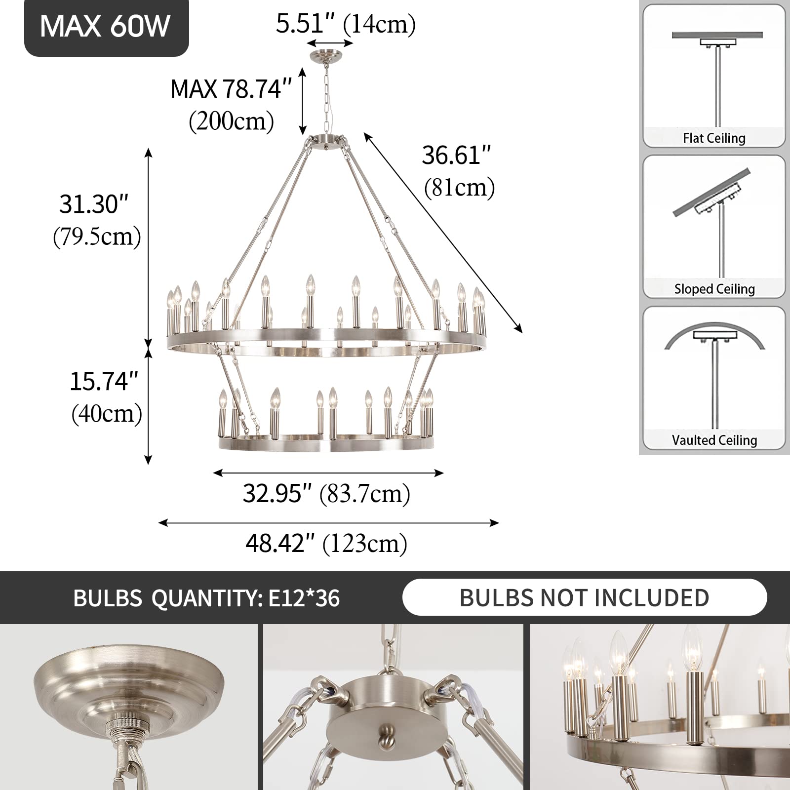 Extra Large 48 Inch HHR 2-Tier Wagon Wheel Chandelier - 36-Light Rustic Farmhouse Pendant Light in Nickel Finish for High Ceilings | Perfect for Dining Rooms, Living Rooms & Offices (E12 Base) | Creates Warm Ambiance for Farmhouse Weddings & Rustic Home Decor