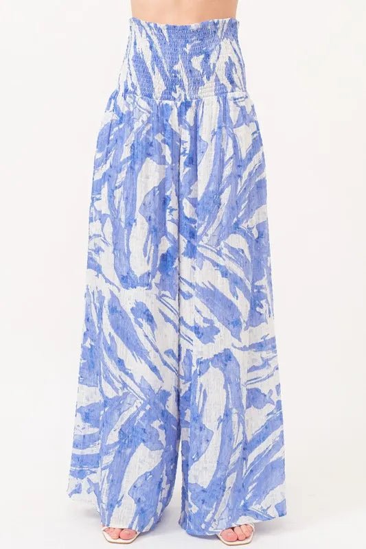 Abstract Print Wide Leg Pants with Smocked Tied Waist - Comfortable & Stylish Women's Lounge Pants for Casual Wear, Travel, and Home Relaxation