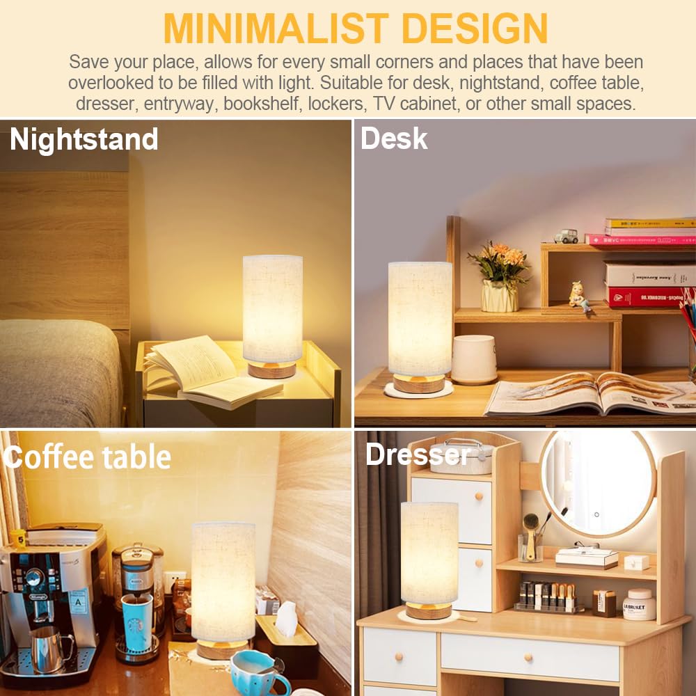Minimalist Wood Base Round Fabric Shade Small Bedside Table Lamp - Warm White Cozy Nightstand Light for Bedroom, Study Desk, Dorm, Nursery & Living Room | Perfect for Reading, Relaxing & Creating Ambiance