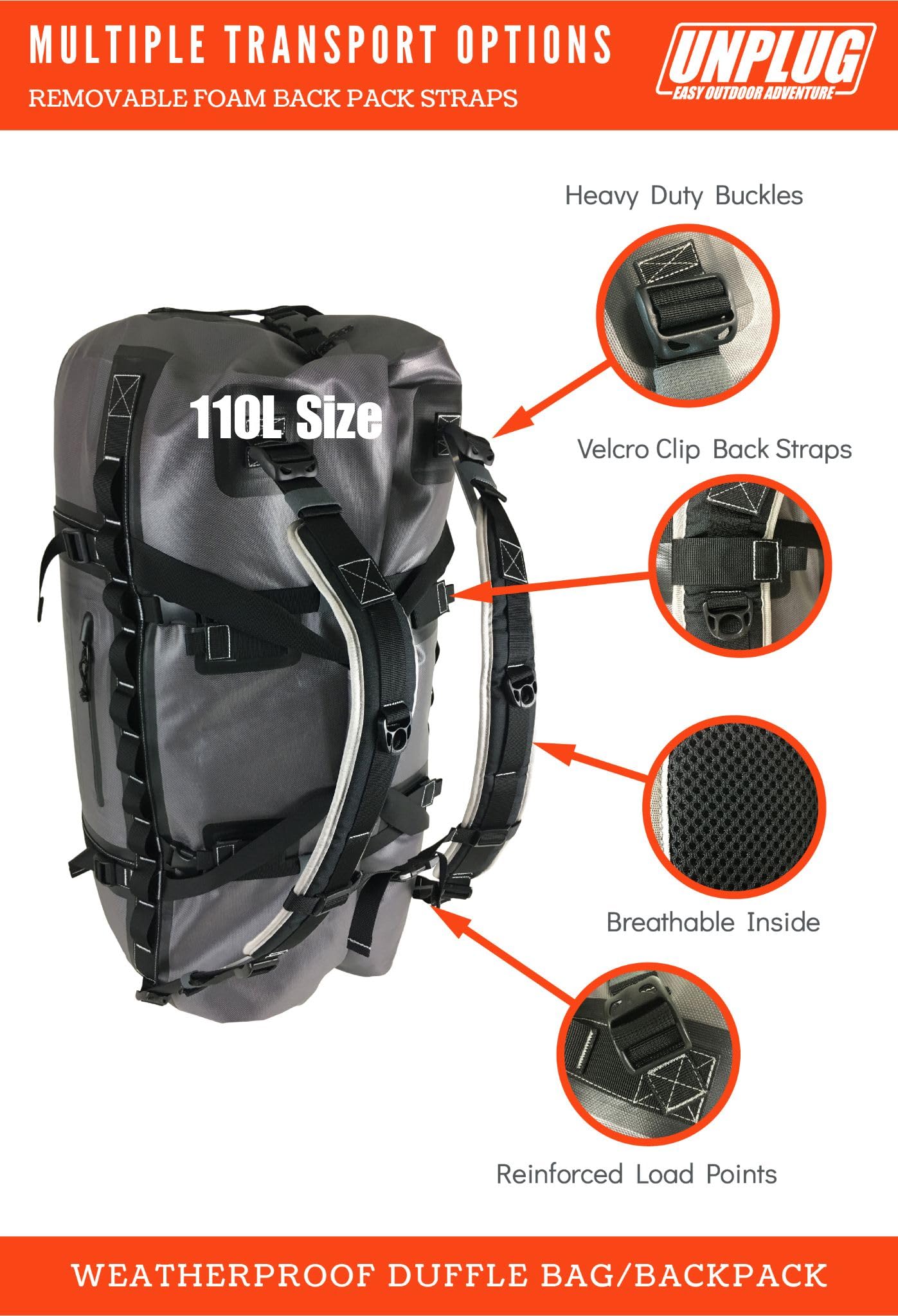 UNPLUG Ultimate Adventure Bag - 1680D Heavy Duty Waterproof Travel Duffel Bag for Camping, Hiking, Motorcycle & Boating | Tactical Duffle Backpack for Outdoor Sports, Travel & Emergency Preparedness
