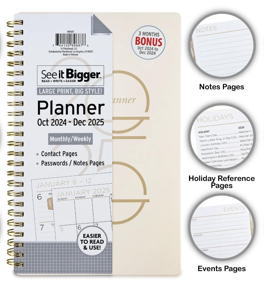 PlanAhead See IT Bigger October 2024 - December 2025 Monthly Weekly Planner - 8.75