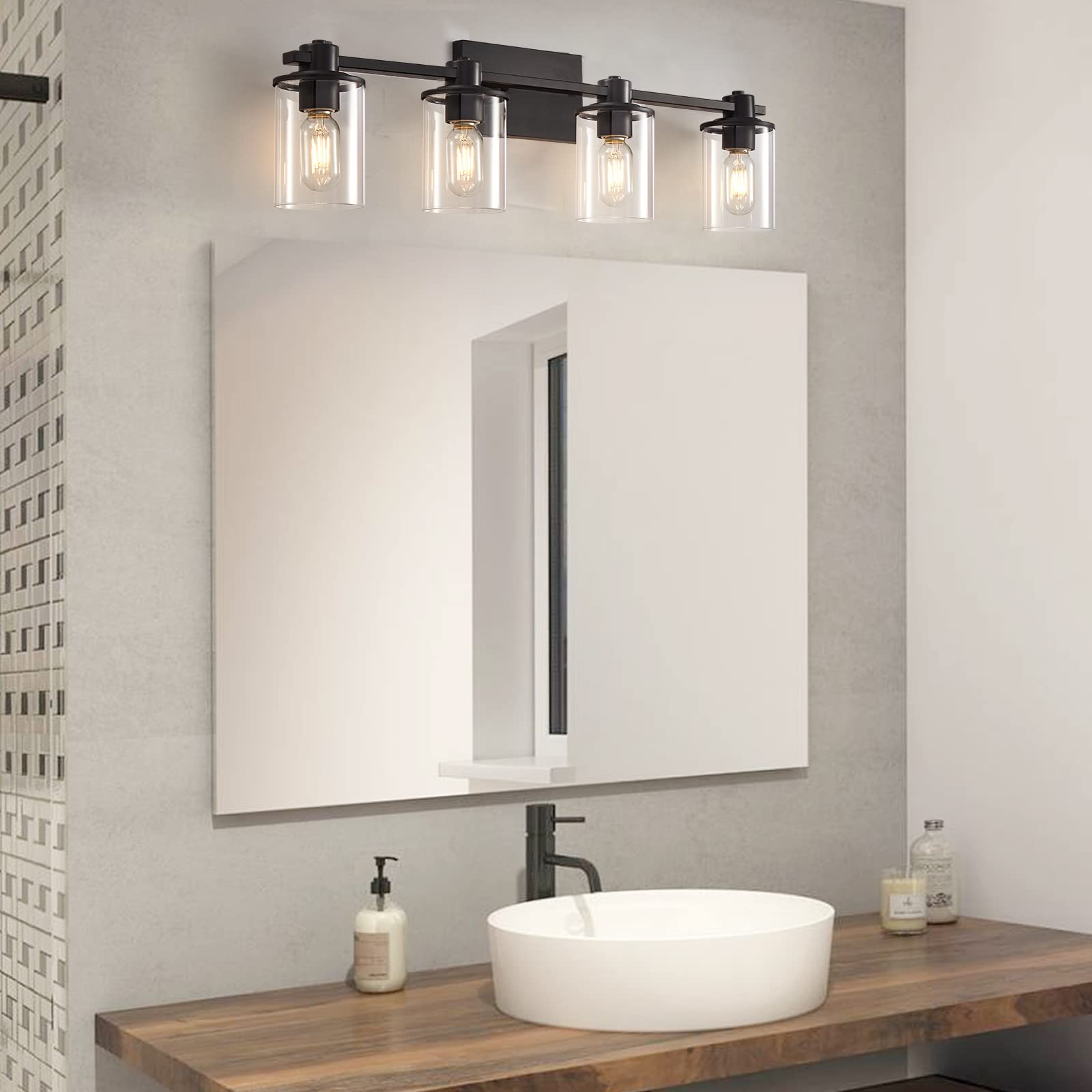 4-Light Modern Vanity Lights - Industrial Matte Black Bathroom Light Fixtures with Clear Glass Shades - Perfect for Bathroom Vanity, Living Room, Bedroom Mirror & Hallway Lighting - Elegant Home Decor for Modern Interiors