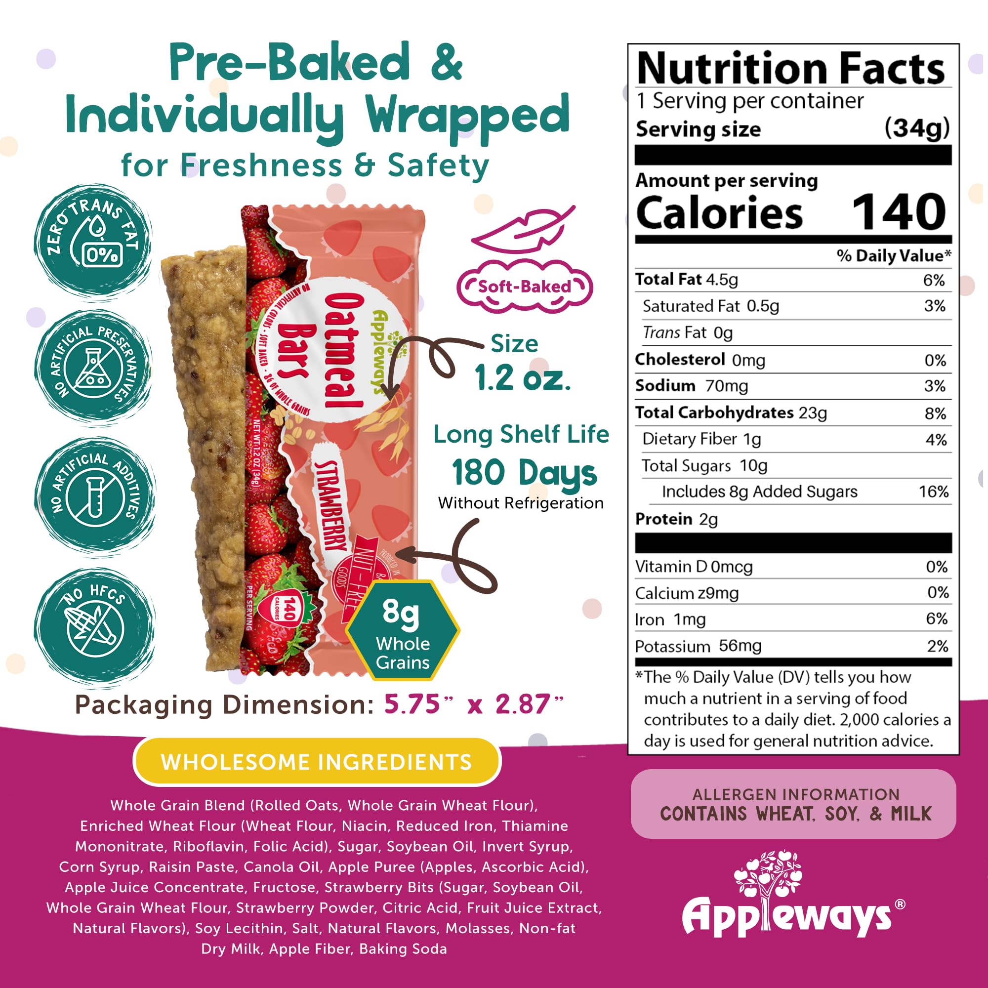 Individually Wrapped Strawberry Oatmeal Bars - 1.2oz Healthy Breakfast & Snack Bars, Gluten-Free Oatmeal Strawberry Snacks (216 Count, 16.2lbs) - Perfect for School Lunches, Office Snacks & On-the-Go Energy | Made in USA by Appleways
