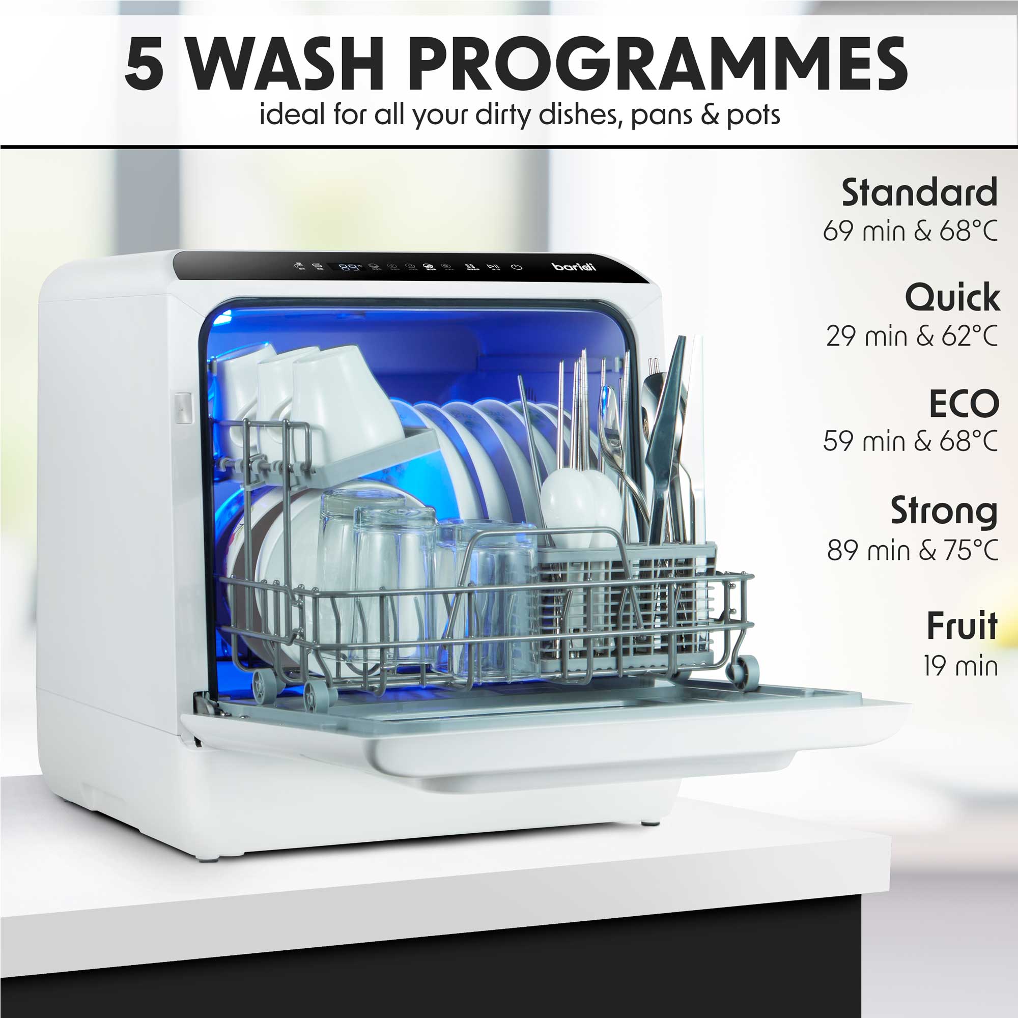 Baridi Mini Portable Tabletop 5L Dishwasher with 2-4 Place Settings - 5 Wash Functions for Small Kitchens, Apartments & RVs | Compact Countertop Dishwasher DH224A | Perfect for Dorms, Camping & Tiny Homes