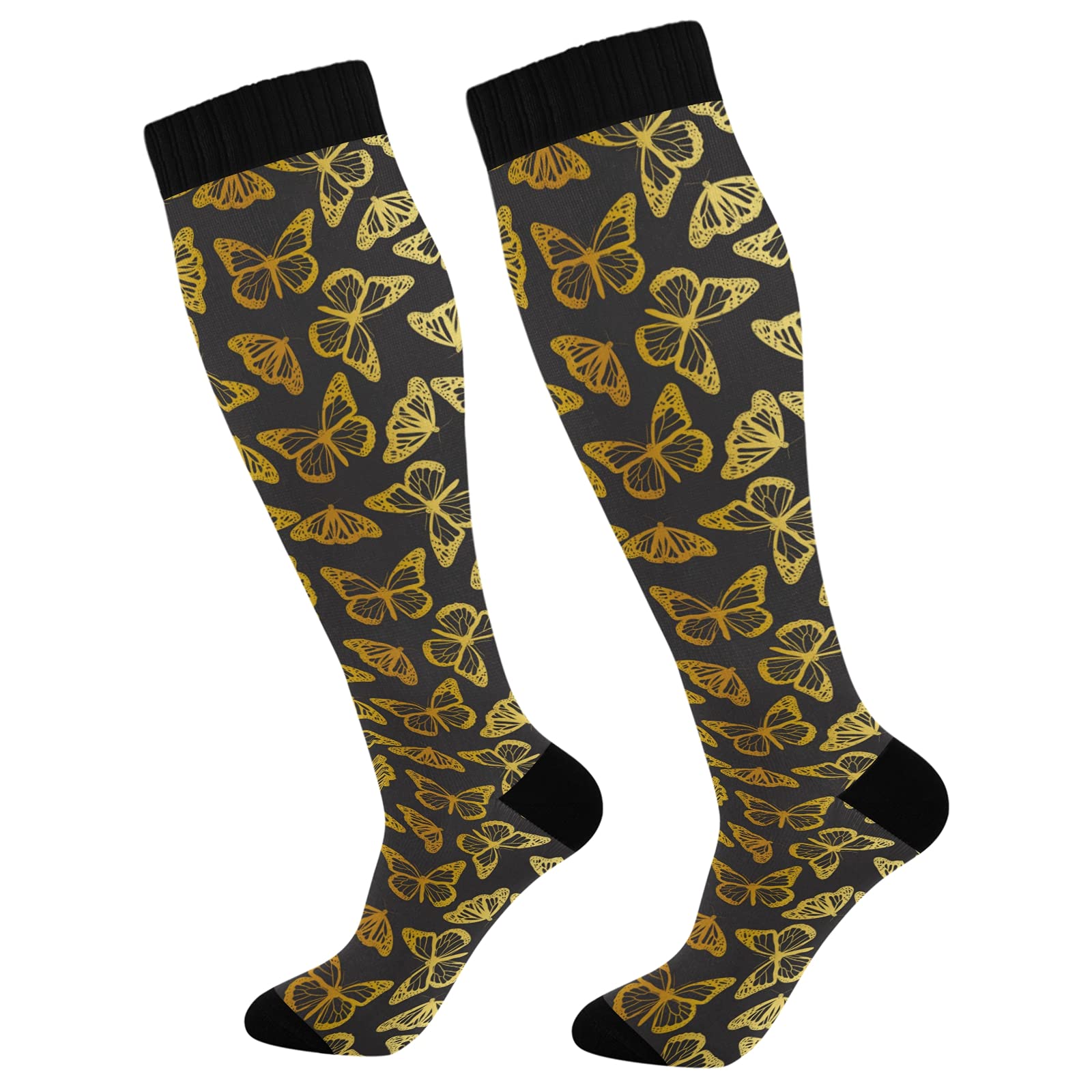JUNZAN Black Compression Socks with Color Butterflies - Circulation Support for Women & Men - Ideal for Running, Cycling, Nursing & Athletic Performance - Perfect for Sports, Work & Daily Comfort