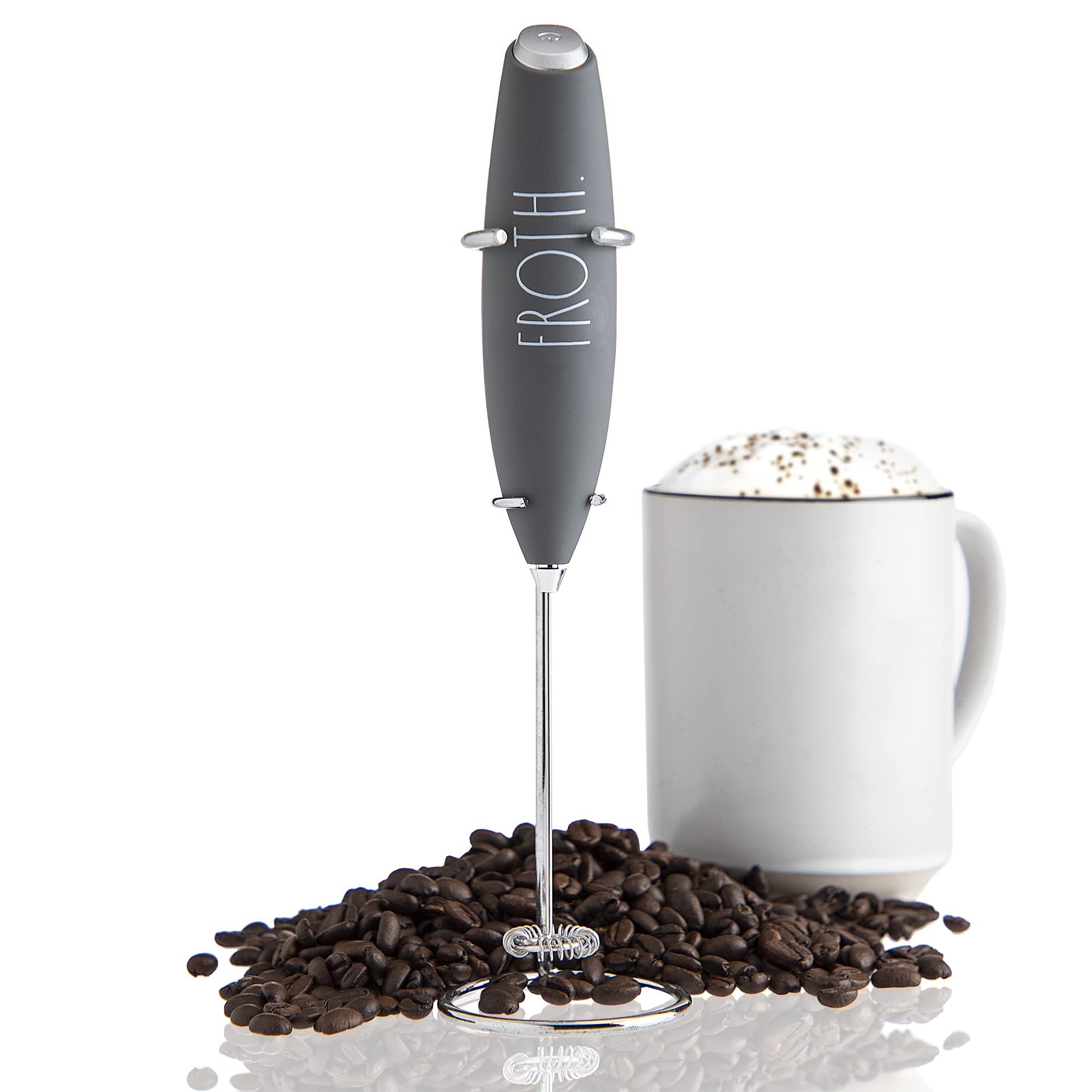 Rae Dunn Electric Milk Frother - Handheld Drink Mixer for Coffee, Latte, Cappuccino & Hot Chocolate | Battery Operated Milk Foamer & Frappe Maker | Perfect for Home, Office & Cafe Use (Grey)