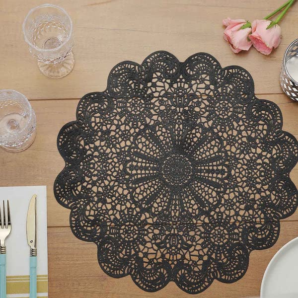 Efavormart 6 Pack 15 Inch Black Vintage Floral Vinyl Placemats - Non-Slip Waterproof Dining Table Mats for Wedding, Birthday Party, Holiday Dinner & Home Decor