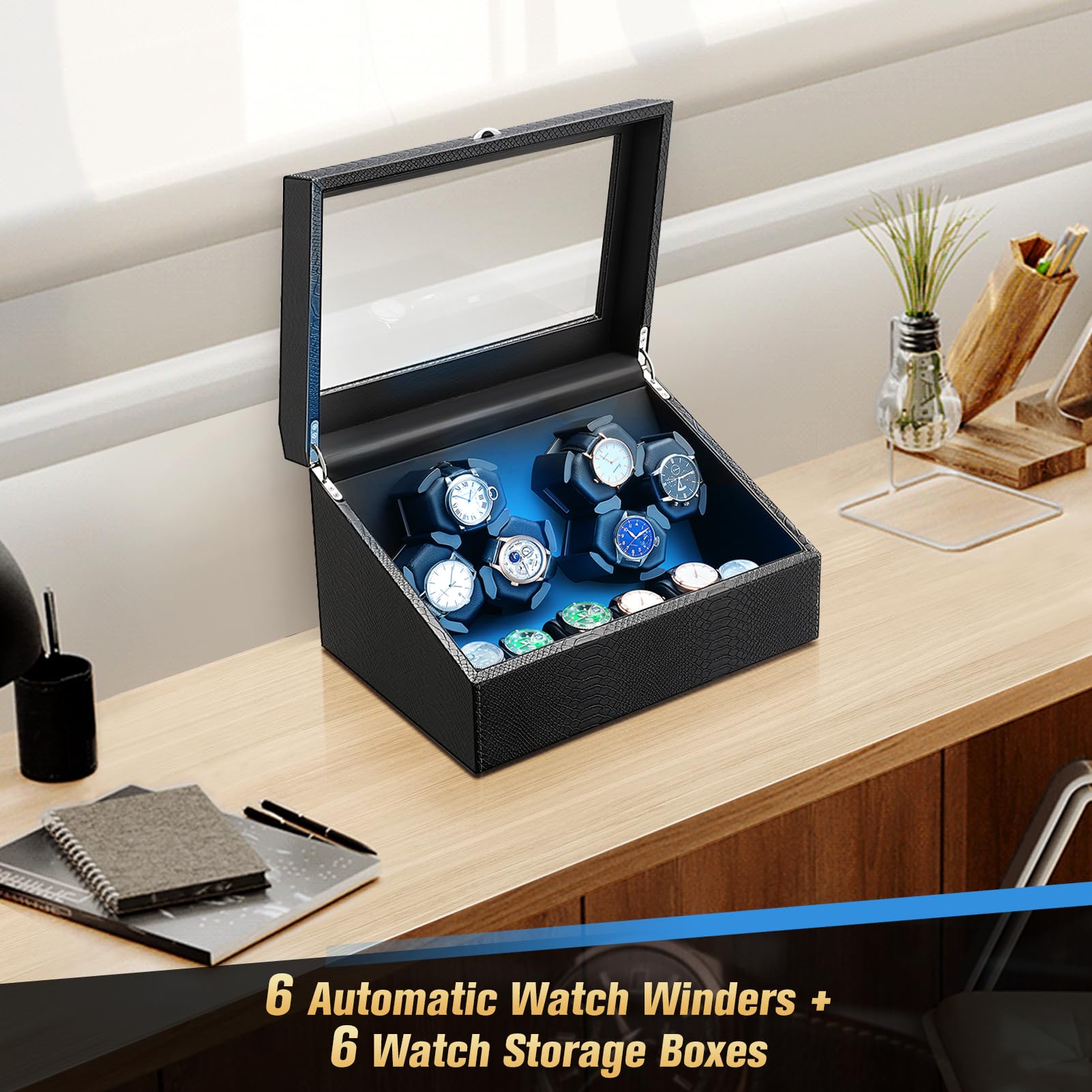 6 Watch Winder Box for Automatic Watches - Ultra Quiet Motor with Built-in LED Light - 6 Storage Slots - Perfect for Watch Collectors & Luxury Timepiece Display (Home/Office Use)