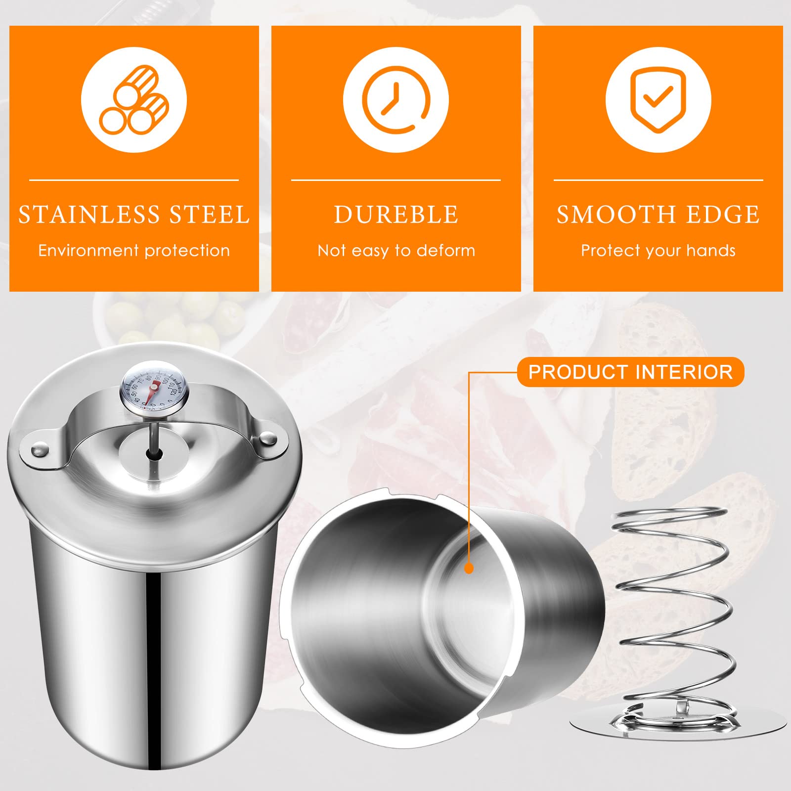 Premium 2-Piece Stainless Steel Meat Press with Built-in Thermometer - Professional Ham, Bacon & Sandwich Press for Homemade Burgers, Patties & Deli Meats | Perfect for BBQ, Kitchen & Camping Cooking