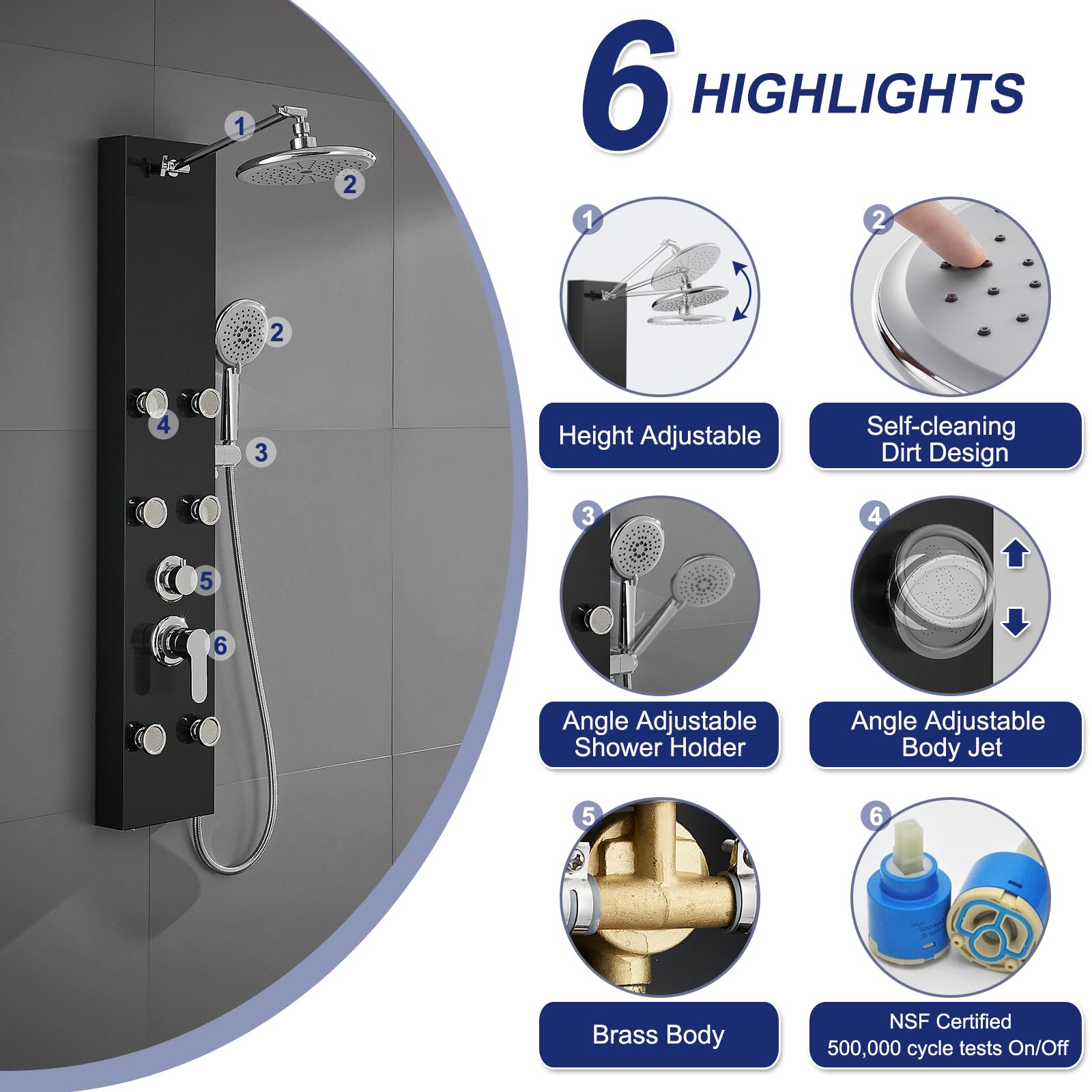 ROVATE 6-Jet Stainless Steel Shower Panel System with Rainfall Shower Head & Handheld Spray - Black Wall Mounted Shower Column for Spa-Like Bathroom Experience - Perfect for Master Bath, Luxury Home & Hotel Renovations