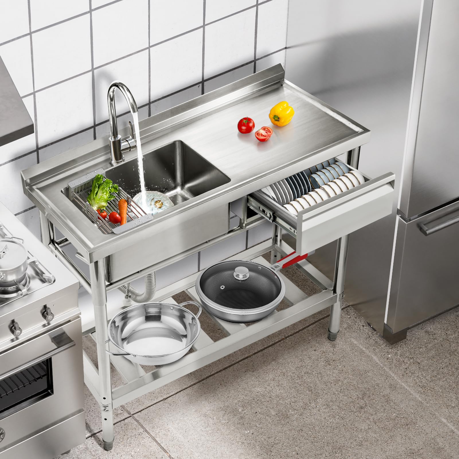 YORKING 39-inch Stainless Steel Utility Sink with Drawer Storage | Free Standing Single Bowl Kitchen Sink | Hot & Cold Water Pipes | Indoor & Outdoor Use for Laundry, Garage, or Garden