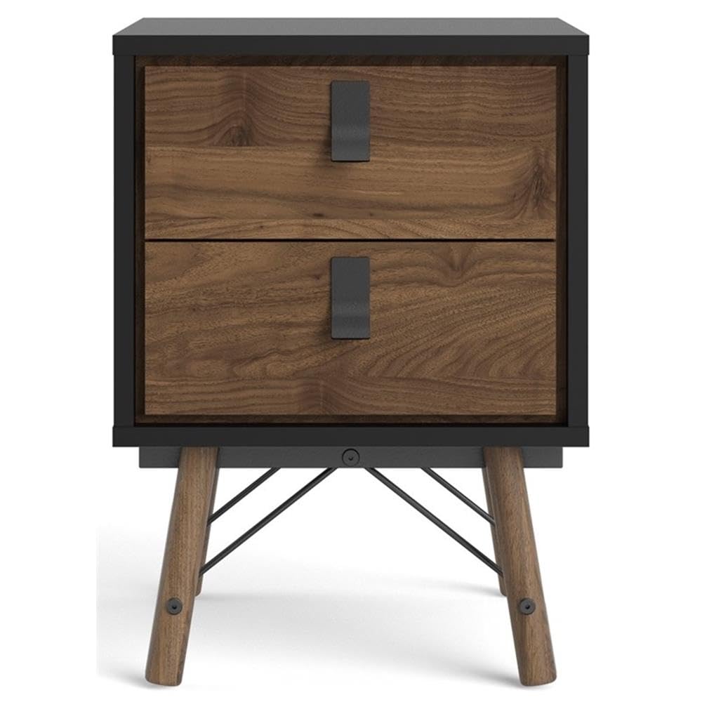 Tvilum Black Matte and Walnut 2-Drawer Nightstand - Modern Bedside Table for Bedroom, Living Room, or Guest Room Storage