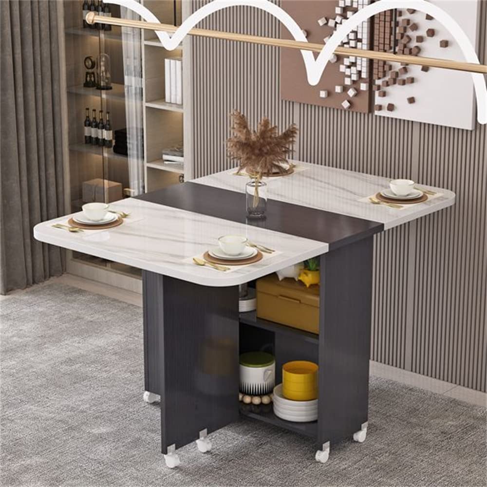 LAKIQ Modern Folding Dining Table with Wheels & 2-Tier Storage Shelf - Space Saving Rectangle Drop Leaf Kitchen Table for Small Spaces - Black Grey/White (55.1