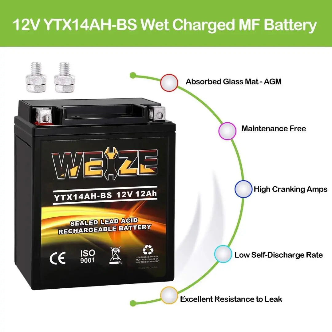 WEIZE YTX14AH BS 12V 12Ah High Performance AGM Battery - Maintenance Free, Sealed ATV/Motorcycle Battery for Polaris Sportsman 570, Trail Blazer 250, Ranger 400/500, Suzuki King Quad 300, QuadRunner 250 - Perfect for Off-Road Adventures & Power Sports