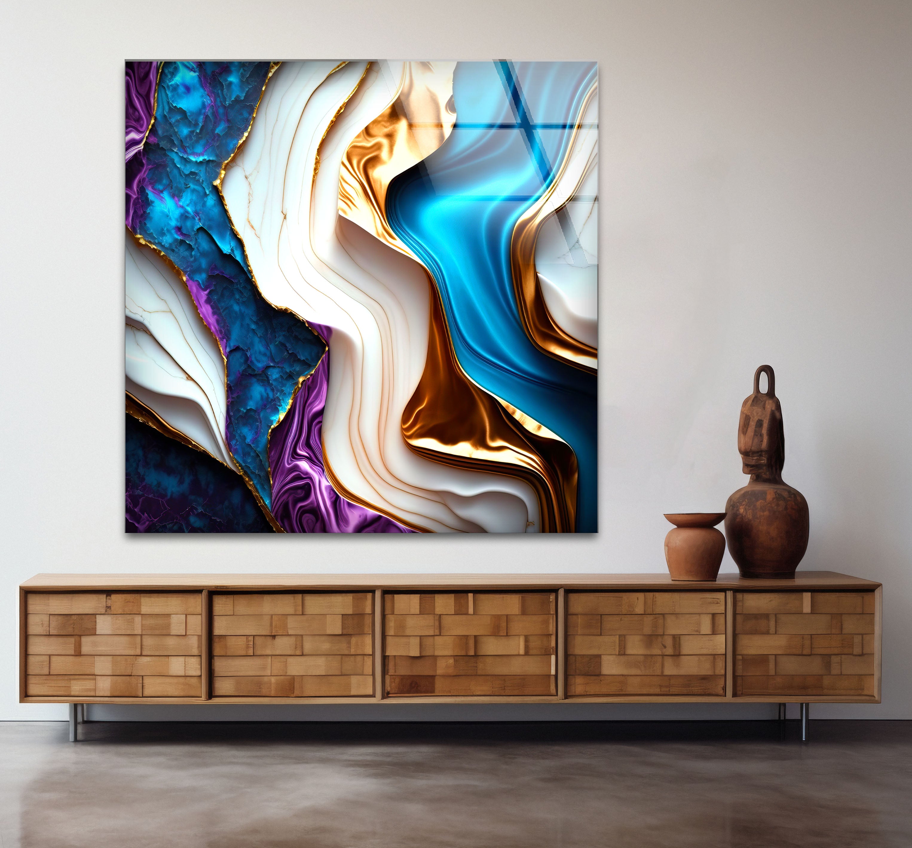 Abstract Marble Wall Art Print - Blue, Purple & Gold Glass Design for Modern Home Decor | Perfect for Living Room, Bedroom or Office