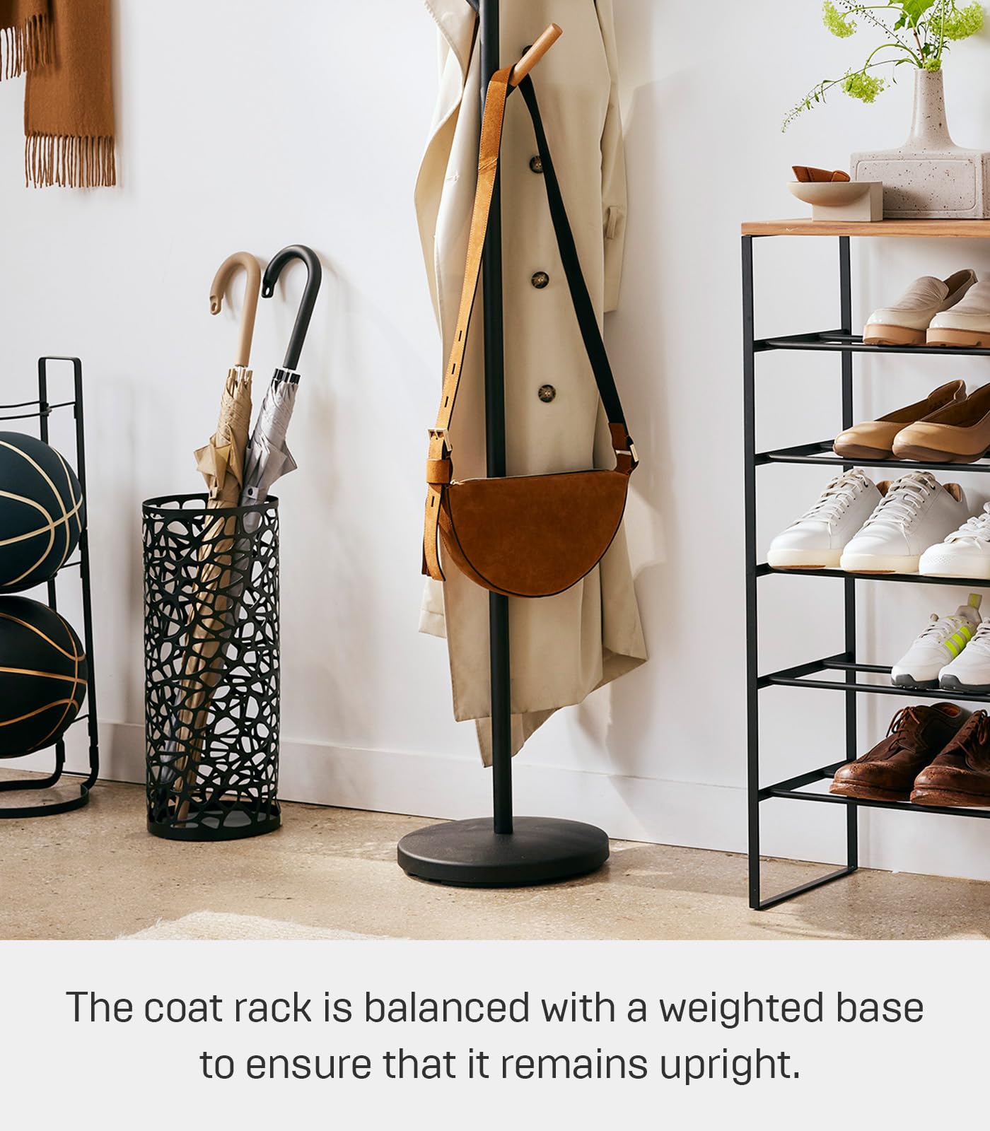 Yamazaki Home Freestanding Coat Rack with Wooden Hooks - 70 Inch Space Saving Entryway Organizer for Jackets, Hats & Bags - Sturdy Steel Construction for Hallway, Bedroom or Office