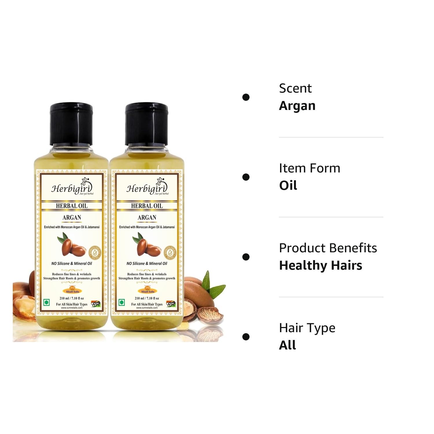 Herbigiri 100% Pure Cold Pressed Argan Oil for Hair - Moroccan Organic Hair Treatment - No Mineral Oil, Silicones or Parabens (2-Pack) - Perfect for Dry, Damaged Hair & Split Ends Repair