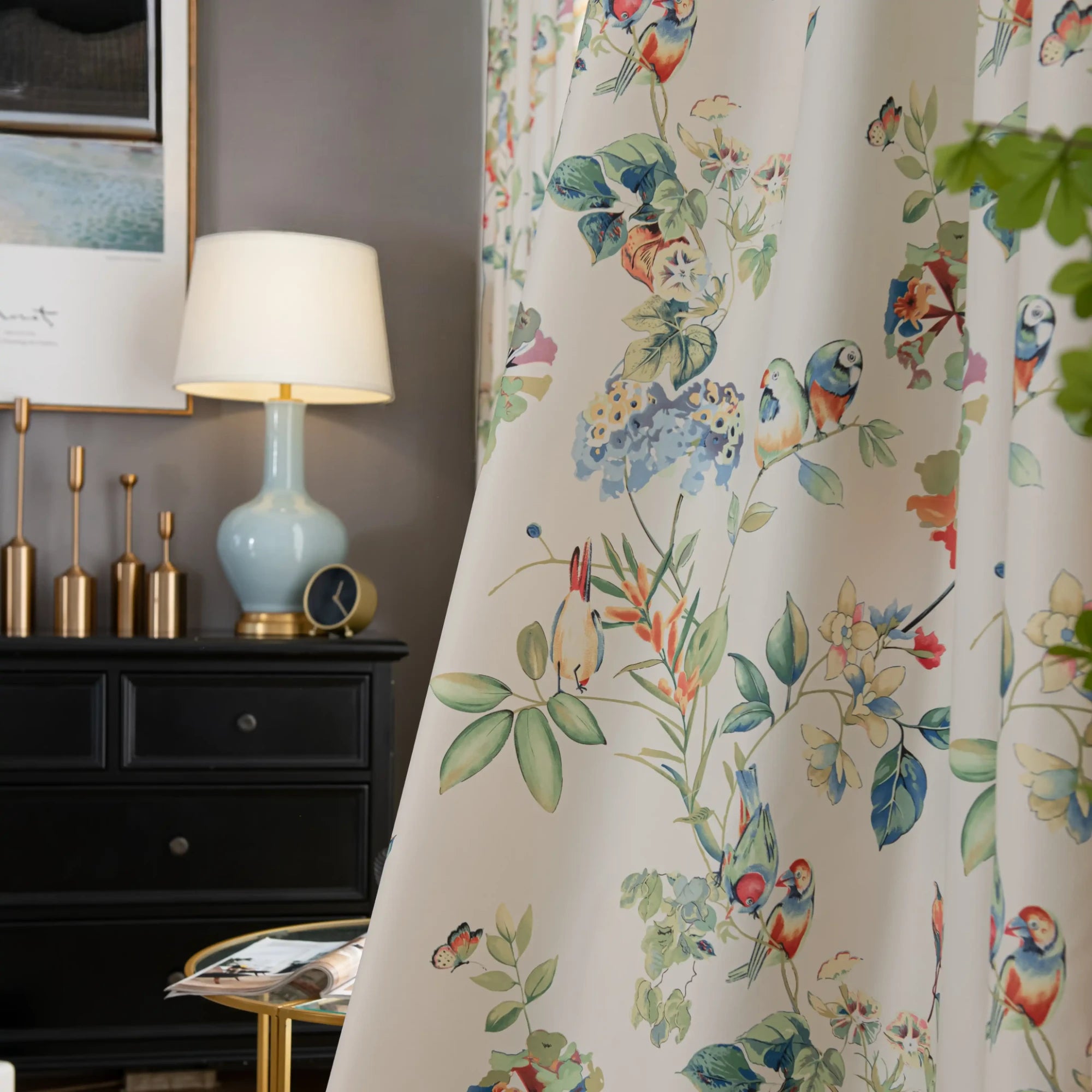 Keira Countryside Botanical Bird Print Custom Blackout Curtains for Bedroom & Living Room - Floral Bird Design for Privacy & Light Blocking