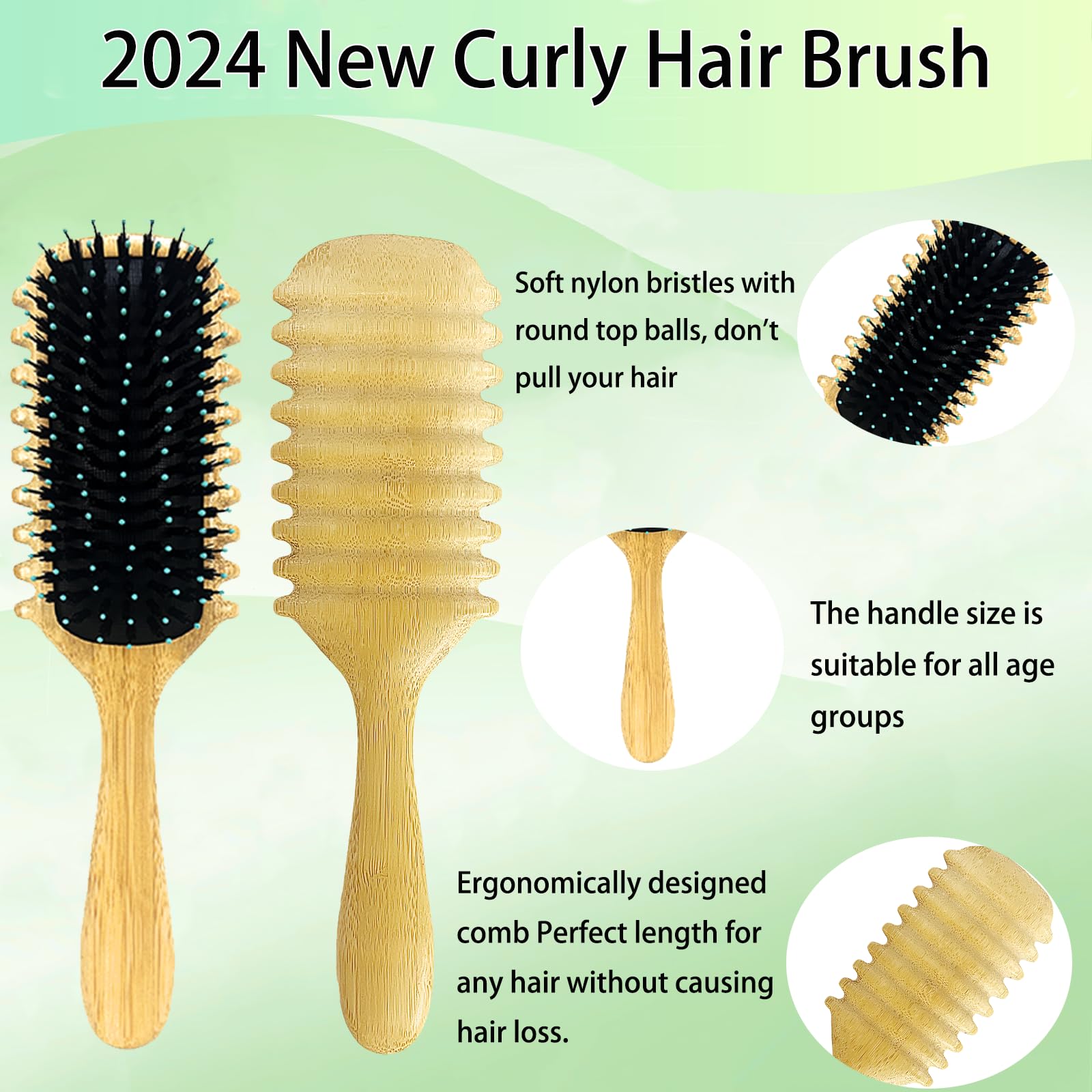 2 Pack Curly Hair Brush for Men & Women - Natural Bamboo Curl Defining Brush for Wet & Dry Hair - Detangling Comb for Curly Hair with Reduced Pulling - Perfect for Salon, Home & Travel Use (Bamboo)