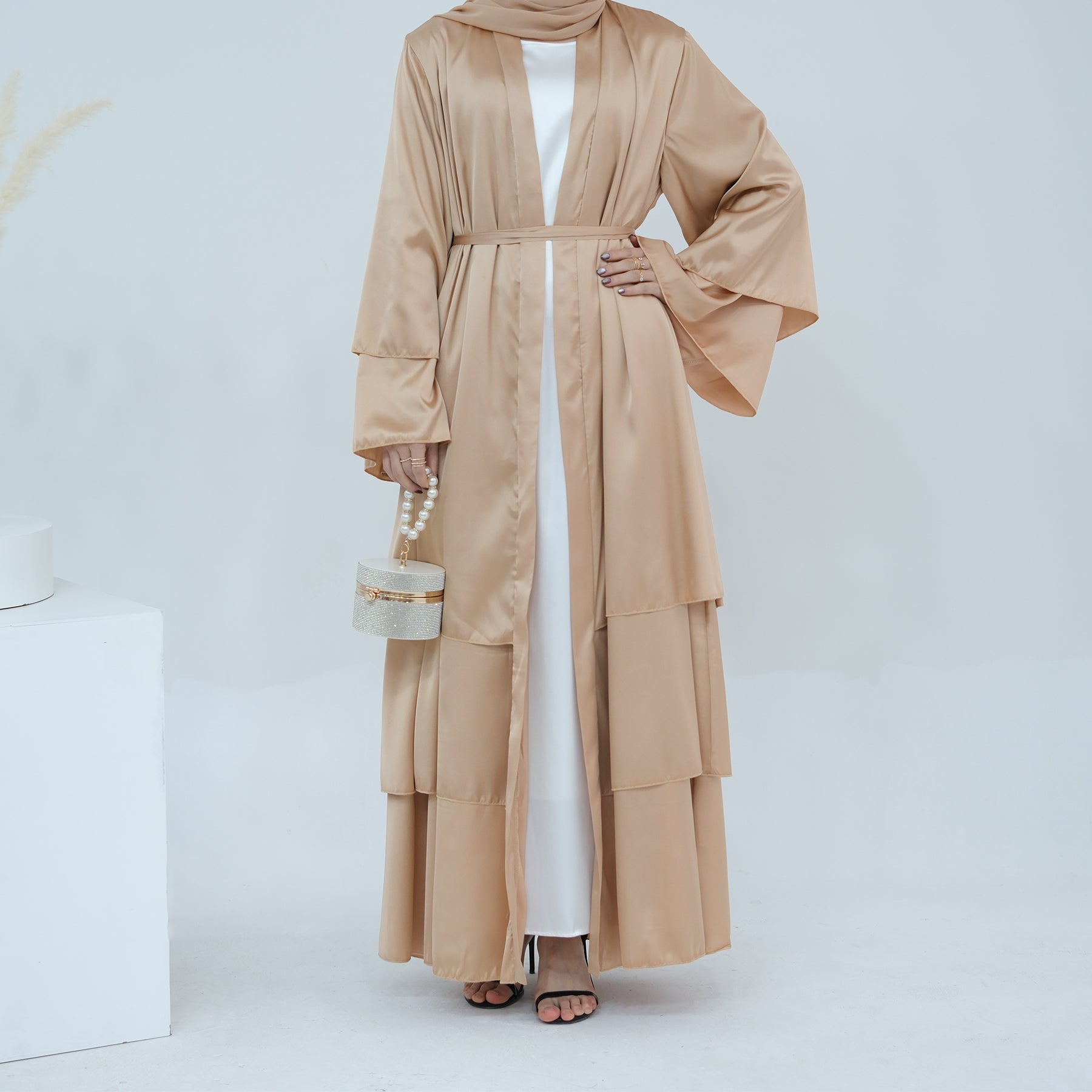 Miranda Layered Hem Satin Open Abaya - Elegant Champagne Color Islamic Prayer Dress for Women | Perfect for Eid, Ramadan & Special Occasions