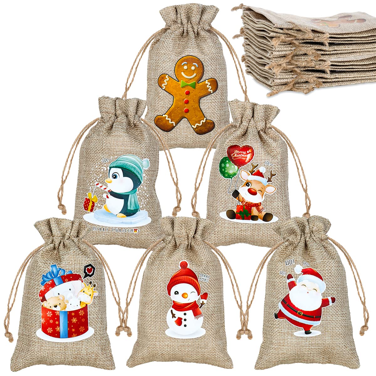ARTLYMERS 24 Pack Christmas Jute Burlap Bags - 6 Festive Designs for Holiday Gift Wrapping, Party Favors & Candy Treats | Perfect for Xmas Presents, Stocking Stuffers & DIY Crafts