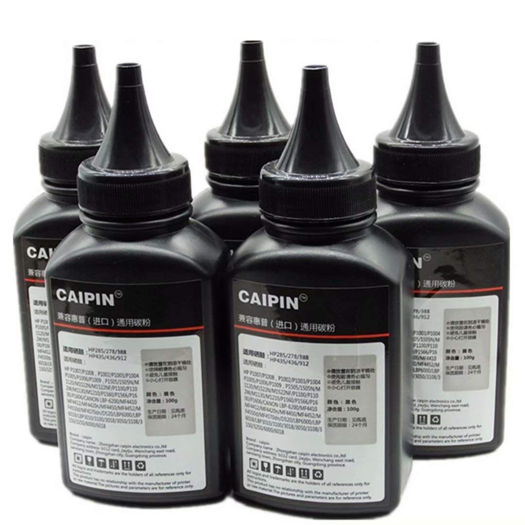 Original 100g Black Refill Printer Toner Powder Kit for HP 12A/1020/M1005/1005/Q2612A/1010 Laser Printers - 5 Pack (100g per Bottle) - Ideal for Office Printing, Document Reproduction & High-Volume Printing Needs