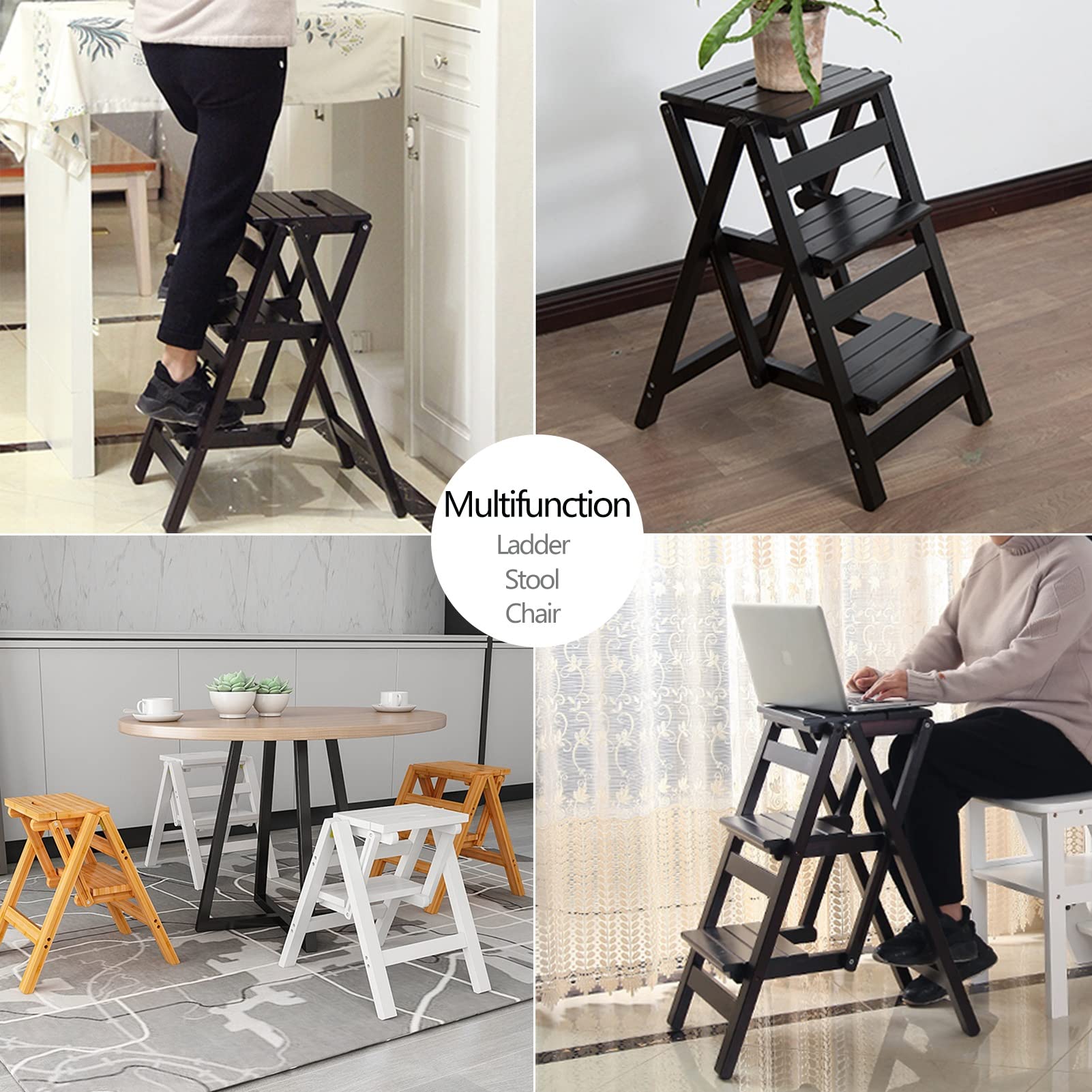 FADUNI 3 Step Wooden Folding Stool Ladder - Portable Step Stool for Home, Office, Kitchen - Black Walnut Foldable Step Ladder with Storage Shelf | Perfect for Reaching High Shelves, Changing Light Bulbs, and Organizing Spaces