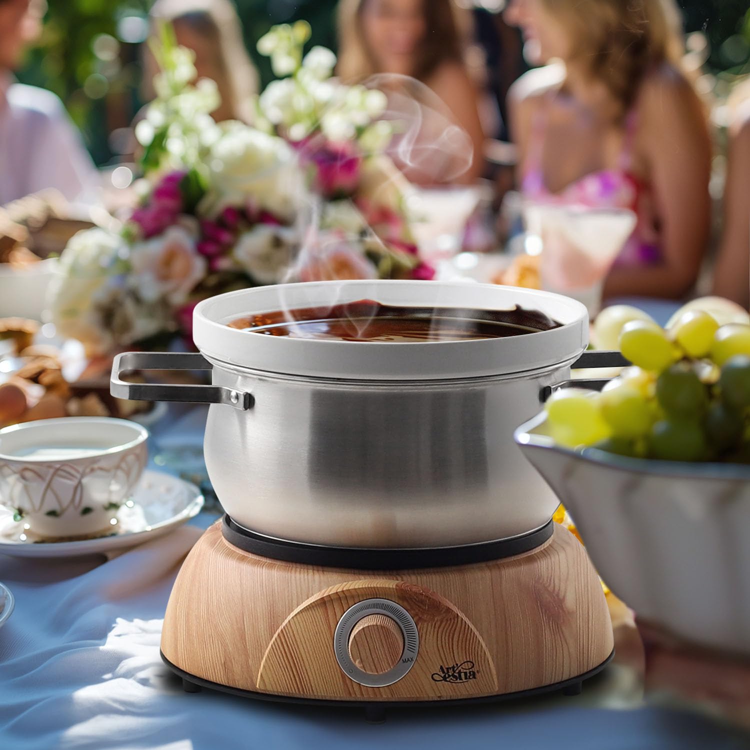 Artestia Swiss Design 1500W Electric Fondue Pot Set - Temperature Control for Melting Chocolate, Cheese & Oil Broth - Includes 8 Colorful Forks - Perfect for Fondue Parties, Family Gatherings & Romantic Dinners
