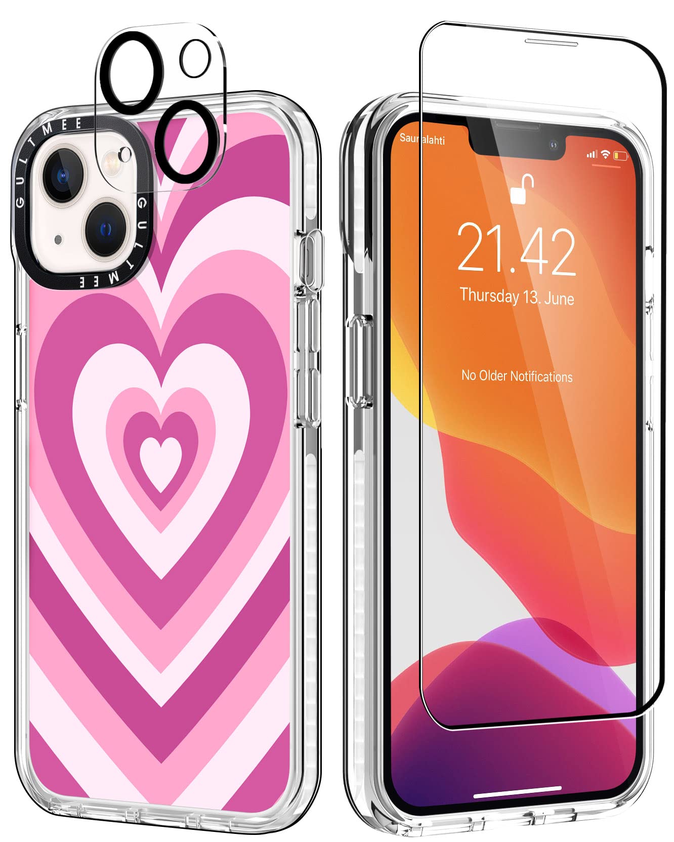 3 in 1 Pink Heart Shockproof iPhone 13 Case with Built-in Bumper, Tempered Glass Screen Protector & Camera Lens Cover - 6.1 Inch Protective Phone Case for Women, Girls - Perfect for Daily Use, Work & Travel